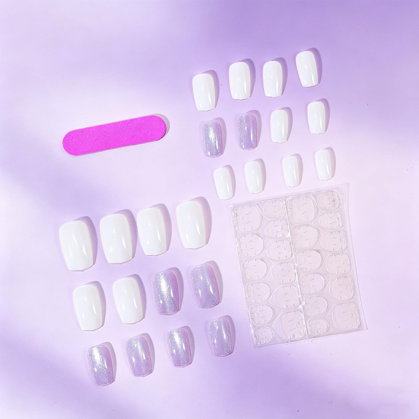 Purple Glitter Press on Nails, Medium Square Fake Nails with Iridescent Shimmer Design, Glossy White False Nail Reusable Glue on Artificial Nails for Women Daily Wear