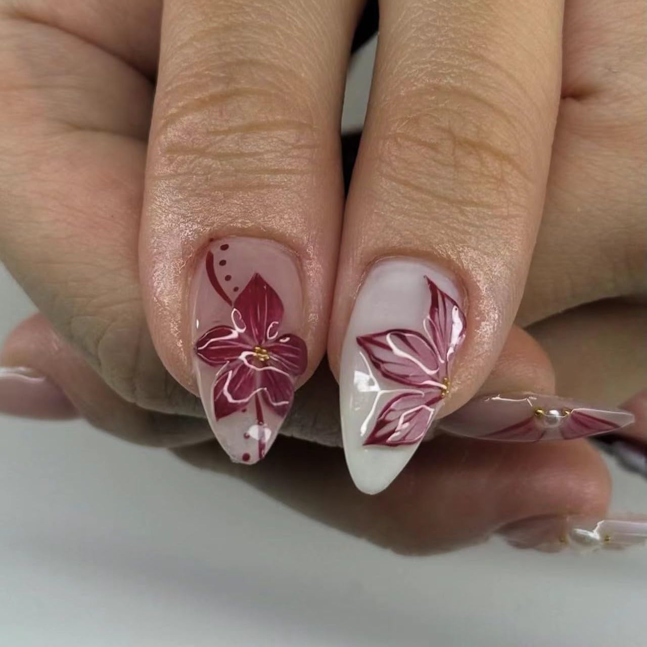 plalely Almond Press on Nails Long Wine Red Fake Nail3D Flowers Charm Acrylic Nail Press ons with Embossed Design Stick on Nails for Women 24pcs