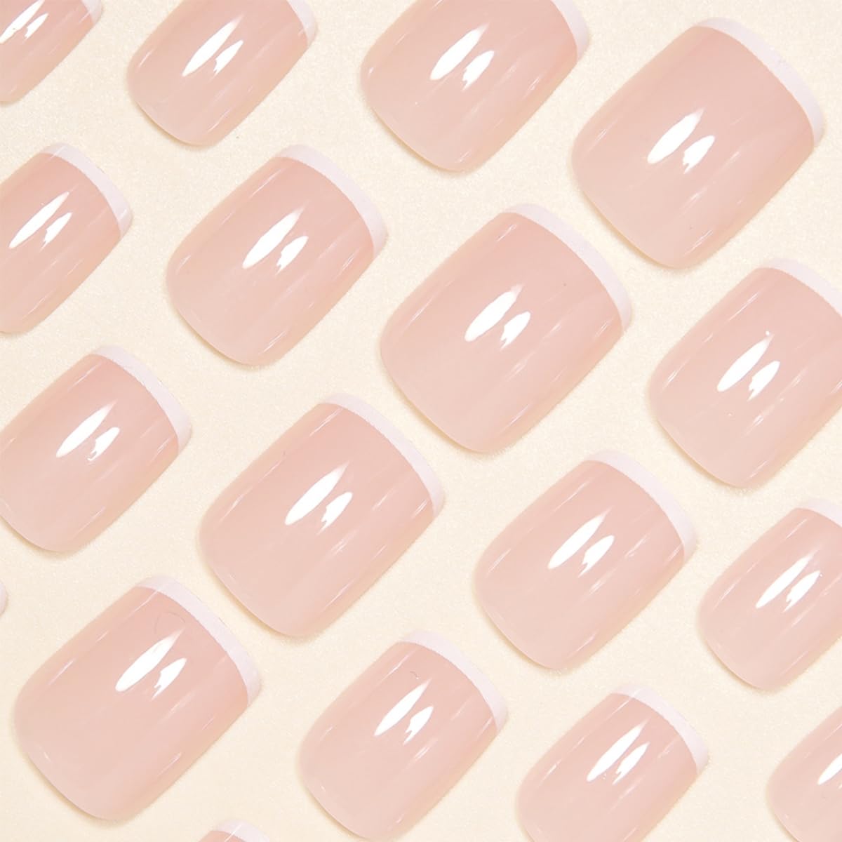 24Pcs Short Square French Tip Press on Nails Glossy Pink Fake Nails White Tips Full Cover Glue on Nails Reusable Acrylic False Nails for Women Salon Quality DIY Nail Art for Everyday Wedding Party