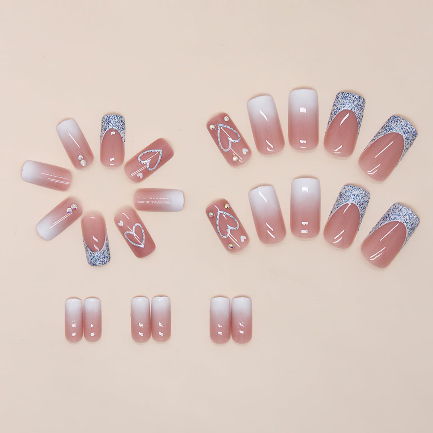 Square Press on Nails Medium Length Fake Nails French Tip Coffin False Glossy Heart Blue Glitter Design Full Cover Glue on Nails Nude Pink with Rhinestones Reusable Stick on Nails for Women 24pcs
