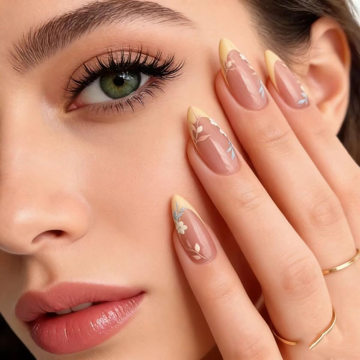 Flower Almond Press on Nails Medium Fake Nails French Tip False Nails with Designs Floral Glue on Nails Glossy Full Cover Acrylic Artificial Cute Stick on Nail for Women Nail Manicure 24pcs