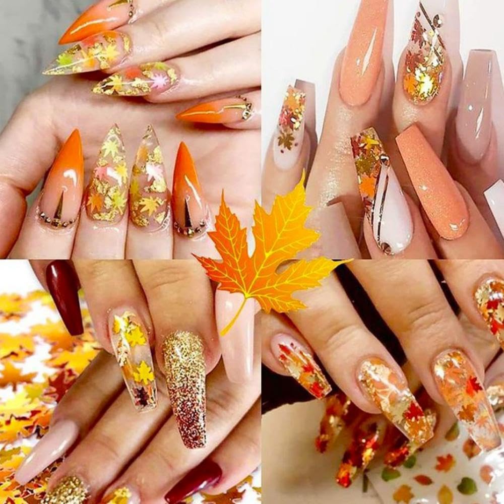 6 Box Maple Leaf Nail Art Glitter Fall Nail Sequins Flakes with Golden Leaves Design Manicure Fine Glitter Powder Autumn Nails Stickers Decals Supplies Nails Charms for Women Girls Decoration