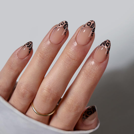 BTArtbox Press On Nails Short - Lamp-Curable Leopard French Tip Almond Press On Nails with Glue for Women, Semi-Transparent Soft Gel Glue On Nails in 16 Sizes - 32 Stick On Nails Kit, Wild Cheetah
