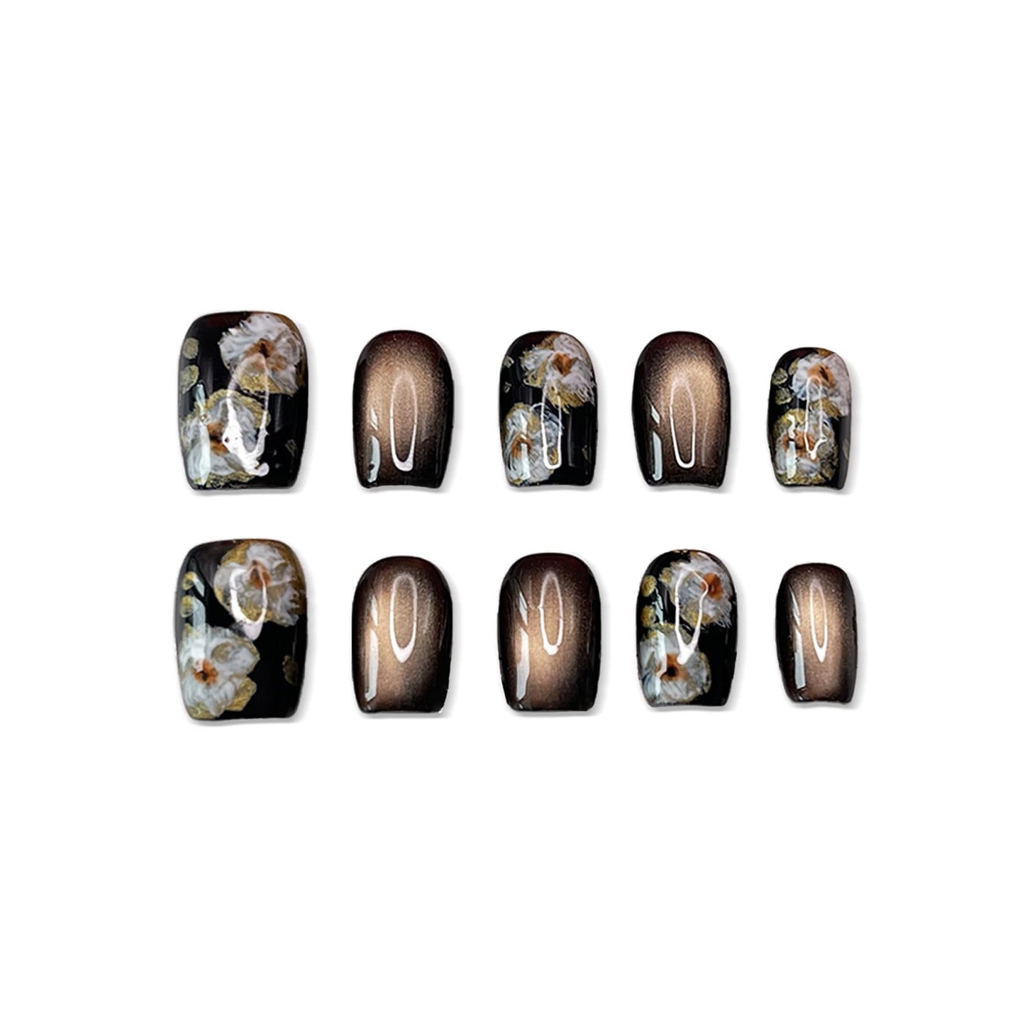 Handmade Press on Nails Short Square Fake Nails Press Ons Gold Brown Glitter Luxury Flower Full Cover Stick on Nails Glue on Nails for Women Girls Manicure (Floral Glitter M)