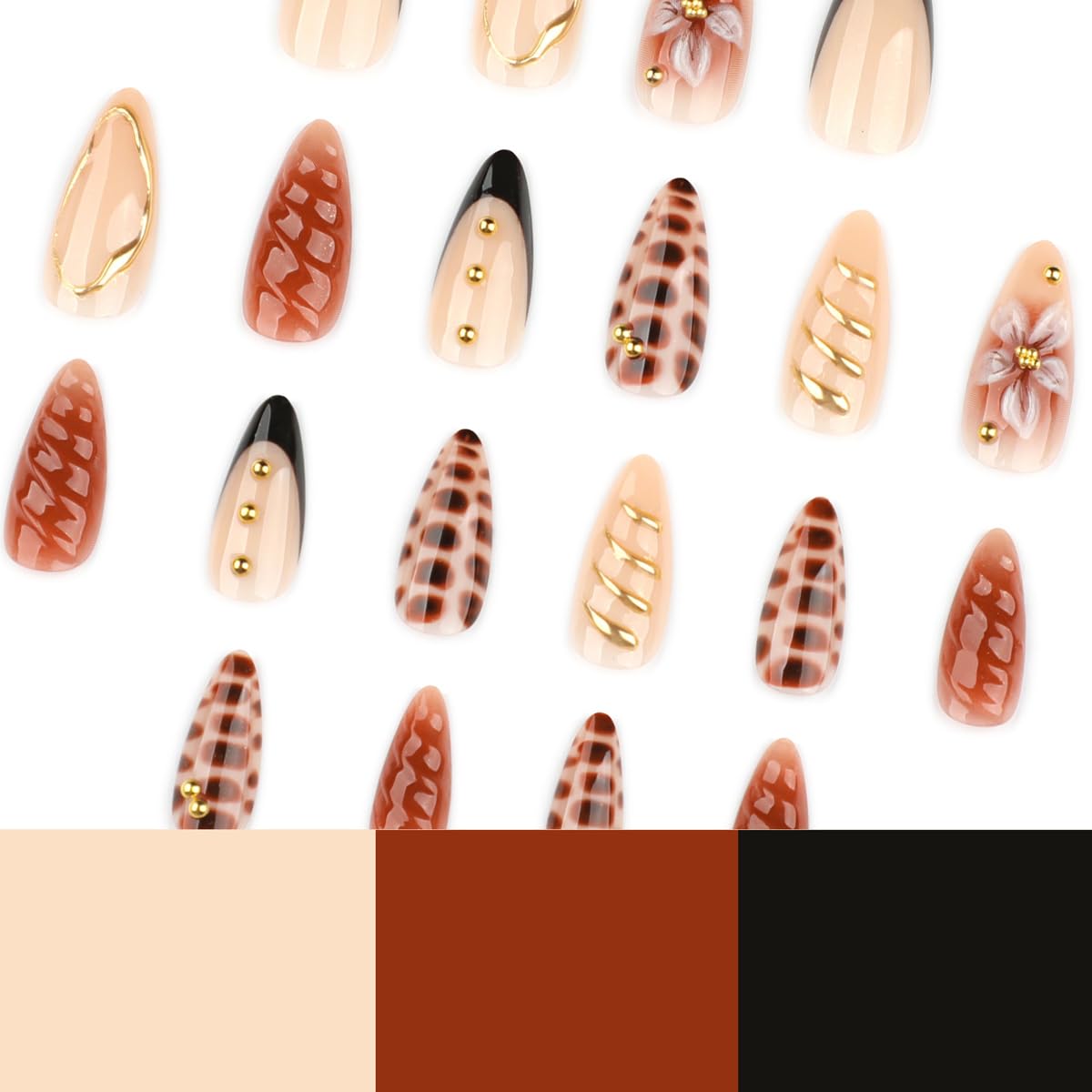 Brown Gold Press on Nails Medium Almond Fake Nails Press ons with Flower,Gold Lines,Crocodile Design Reusable Artificial Full Cover Glue on Nails for Women Fall Winter Manicure 24Pcs