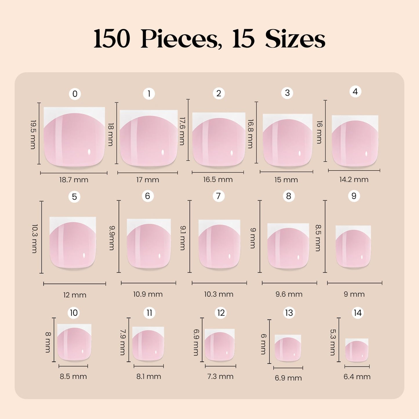Beetles X Press French Tip Toenails - Charm French | Glossy Pink Short Square Press On Toe Nails | 150 Pcs 15 Sizes Natural Salon Quality Gel Nail Tips For Women