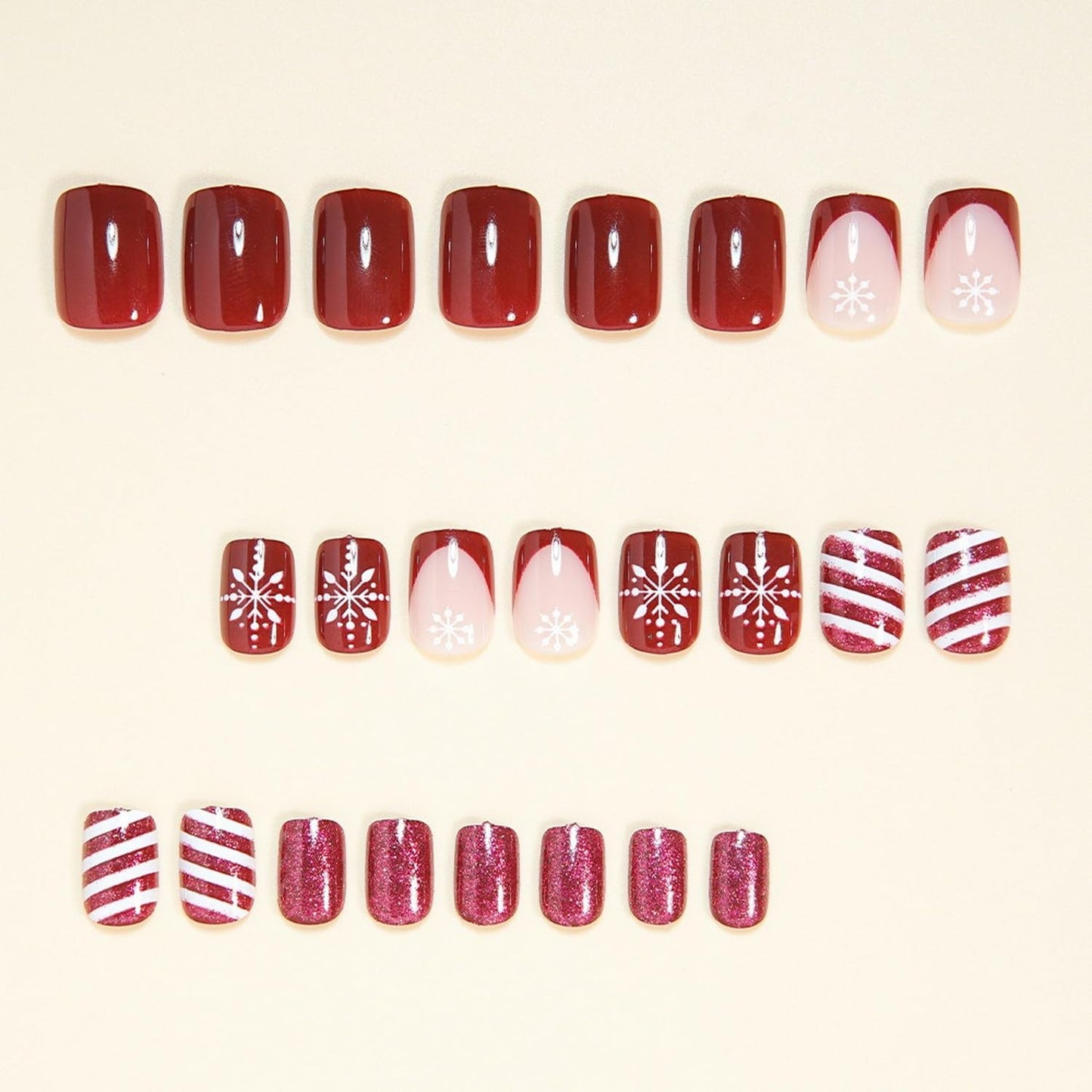24 Pcs Christmas Press on Nails Short Square French Fake Nails White and Red Stripes Designs Winter Snowflake False Nails Full Cover Red Glitter Stick on Nail Sparkly Acrylic for Women
