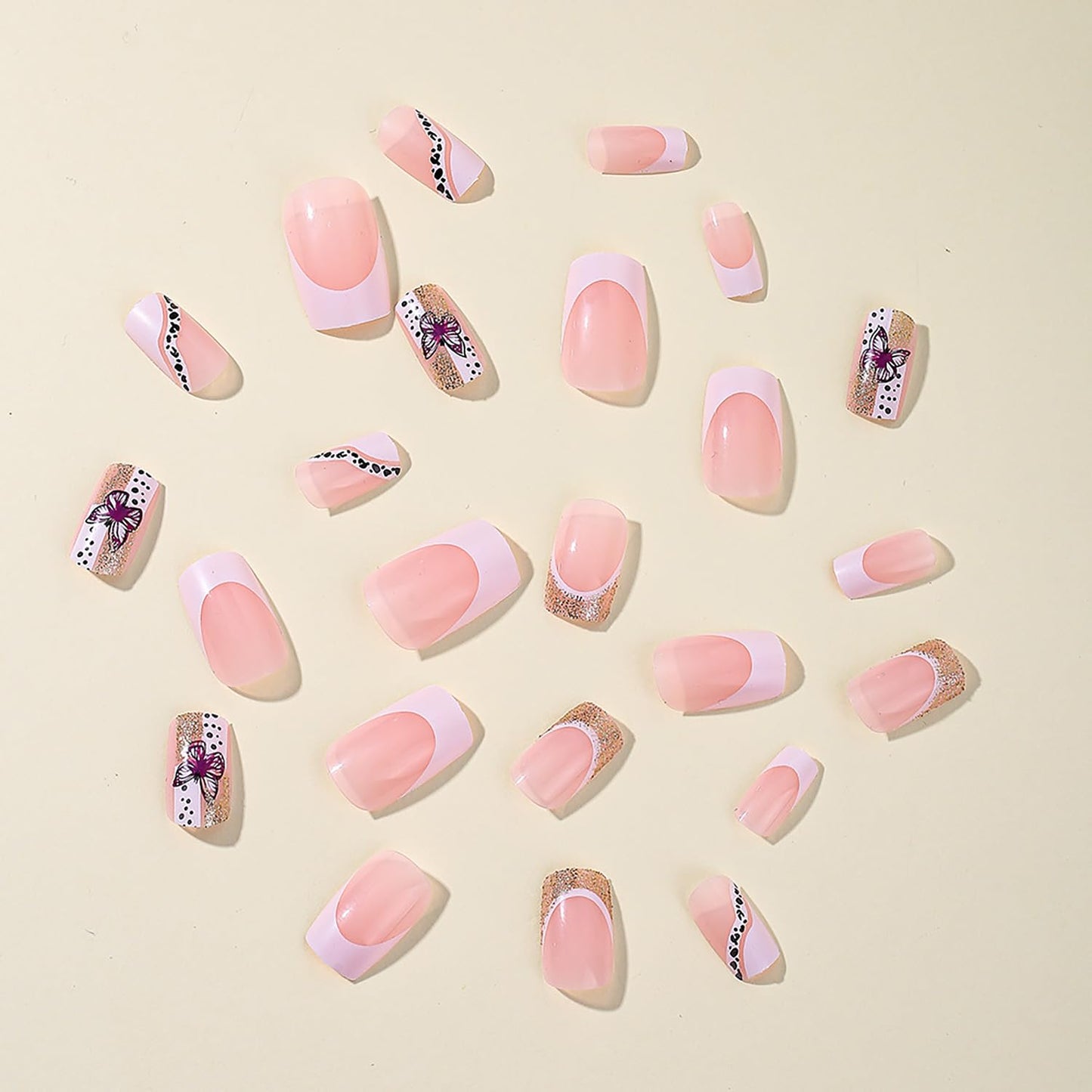 Vezocim French Tips Press on Nails Square Shapes 24Pcs Glossy Full Cover Medium Acrylic Glitter Square False Nails with Butterfly Designs Artificial Coffin Fake Nails Glue ons Fingernails for Women