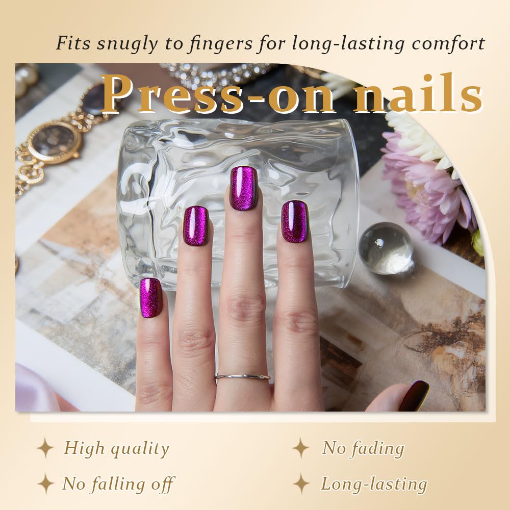 evpct Purple Pink Cat Eye Extra Short Square Press on Nail, Petite Short Square Stick on Nails for Women, Purple Pink Glossy Holographic Fake Nails Reusable Gel Press on Acrylic Fake Nail with Designs