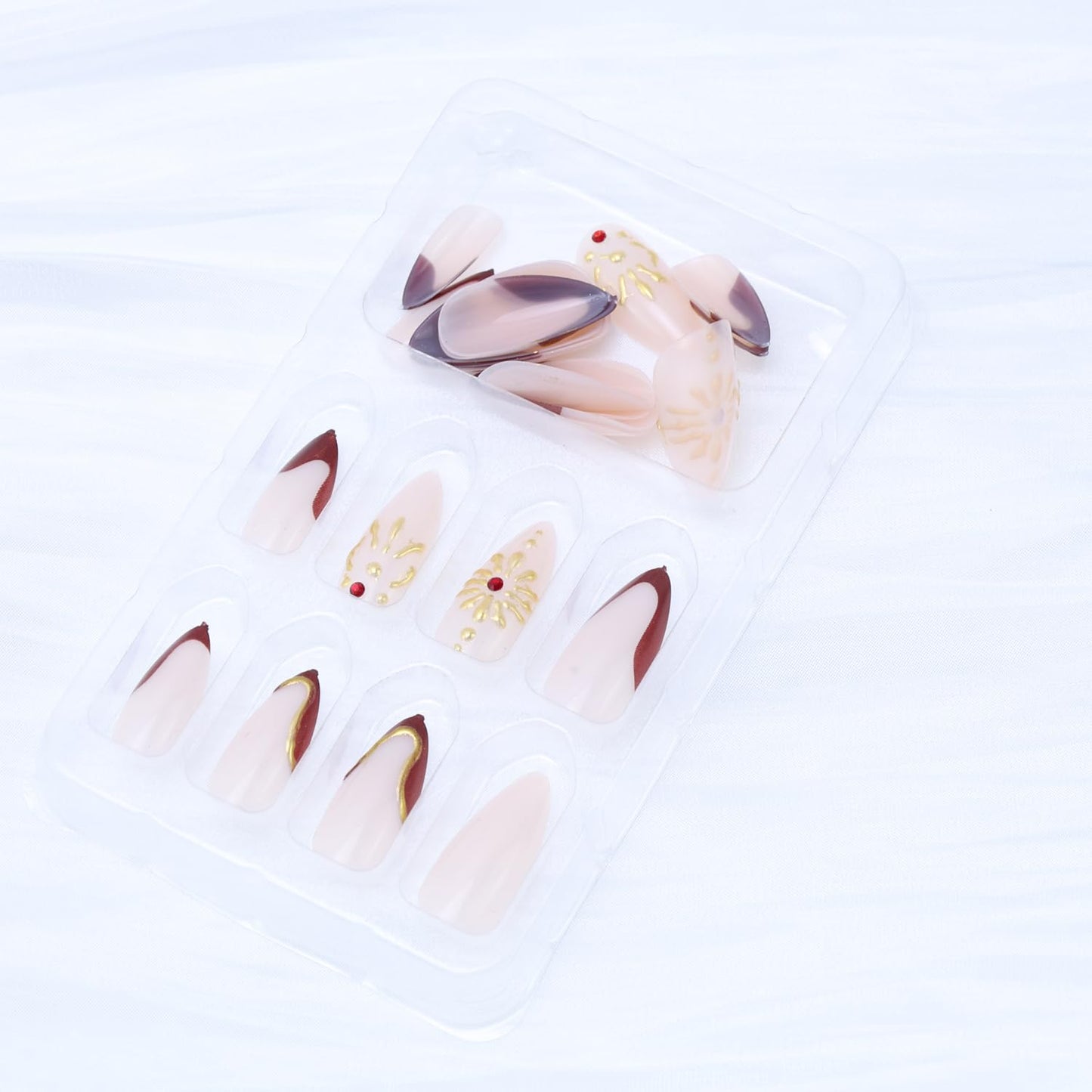 3D Gold Irregular Lines Press on Nails Medium Almond Press on Red French Tip Fake Nails Golden Sun False Nails with Shiny Rhinestones Design Artificial Nails Glossy Glue on Nails for Women Nails 24Pcs