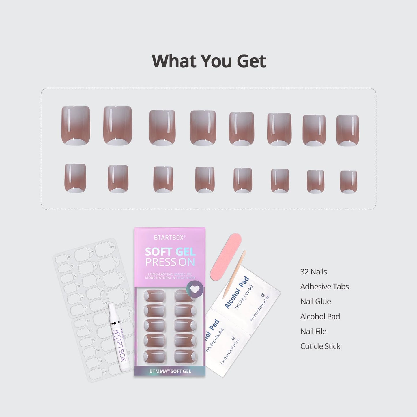 BTArtbox Short Ombre Press On Nails - Square Nail Tips with Glue for Women, Opaque Soft Gel Glue On Nails in 16 Sizes - 32 Stick On Nails Kit, Edge Play