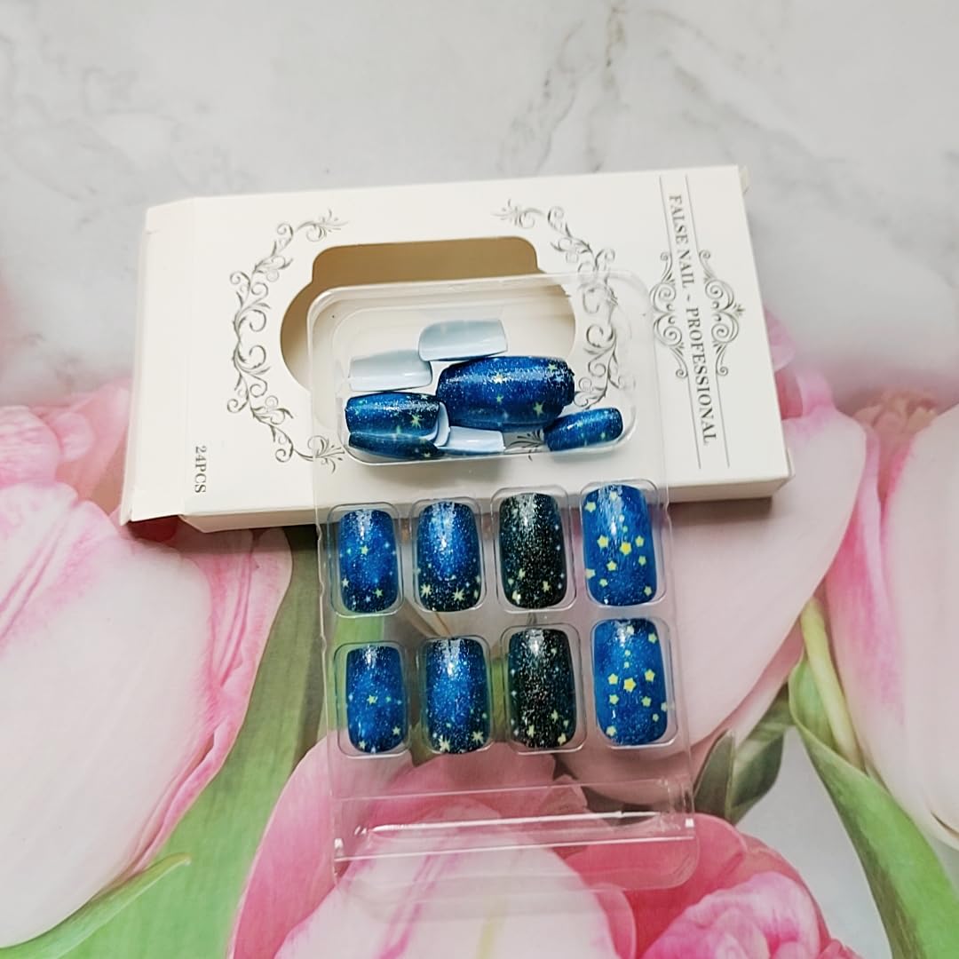24 Pcs Dark Blue Starry Sky Press on Nails Short Square Fake Nails Press ons Acrylic Nail Art Kit Glue on Nails Stars Design Acrylic False Nail Glossy Full Cover Artificial Stick on Nails for Women