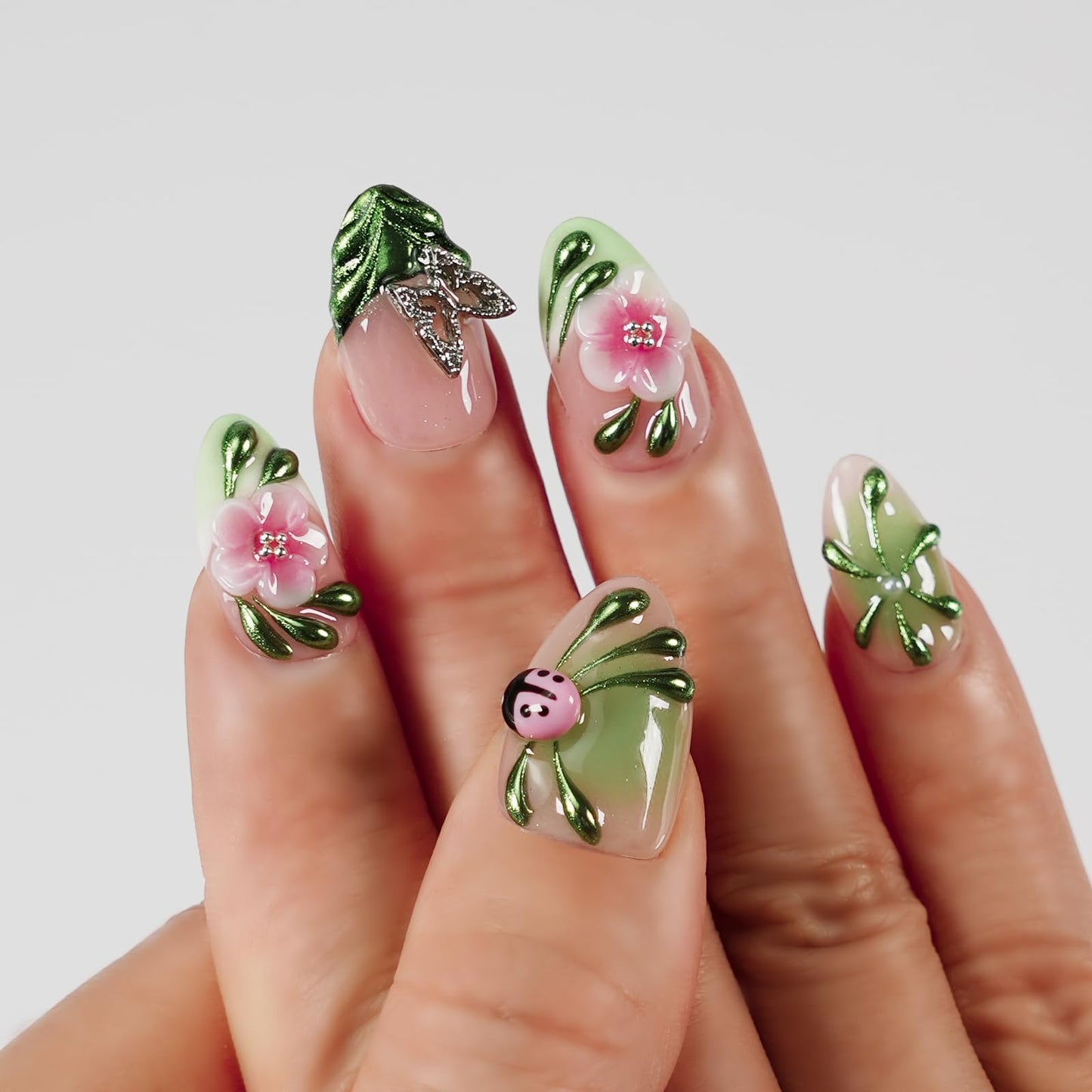 Tesytto Press On Nails Short Almond Handmade 3D Flower Metallic Butterflies Fake Nails, Green Chrome Ladybug Design French False Nails for Spring Party Daily Wear (Spring Green Pastel Garden,L)
