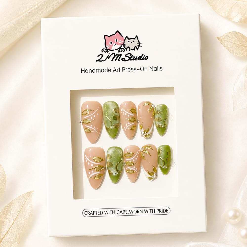 2IM Studio Handmade Press On Nails, Elegant Nude 3D Floral French Tip with Pearl Rhinestones, Almond Medium Length Full Cover Thick Reusable Acrylic Nail Kit for Women 10PCS (Gilded Leaf-S)