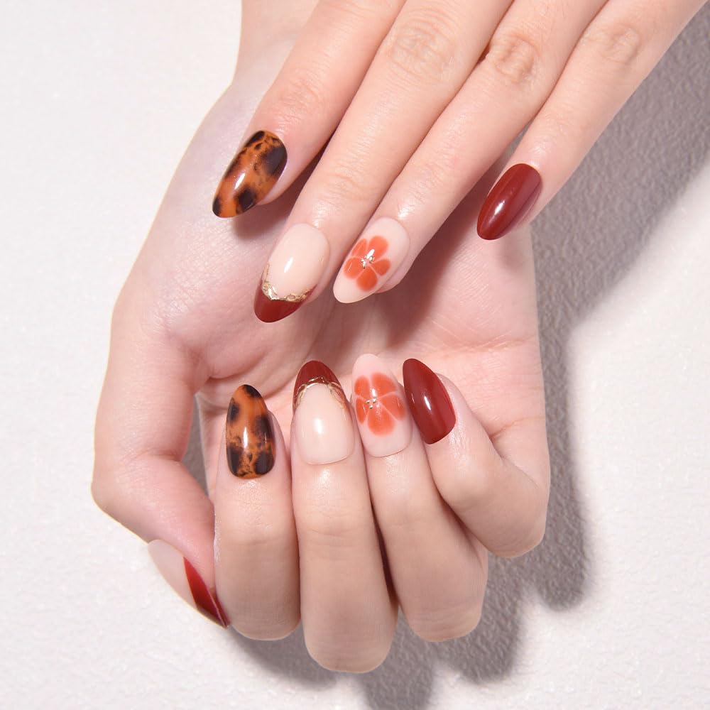 evpct 3D French Press on Nails Short Almond with Gold Line Design, Dark Red French Tip Stick on Nail for Women with Kit, Reusable Full Cover Press on Fake Nail with Flower Tortoise Shell Design