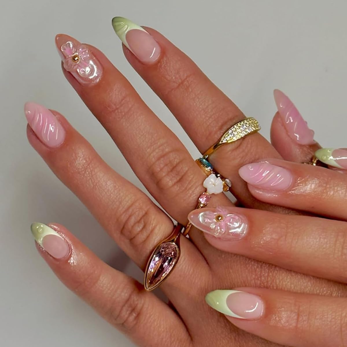Pink Green Press on Nails Medium Almond Fake Nails French Tip Nails Press ons with 3D Flower Design Reusable Artificial Nails Full Cover Stick on Nails for Women Manicure 24Pcs