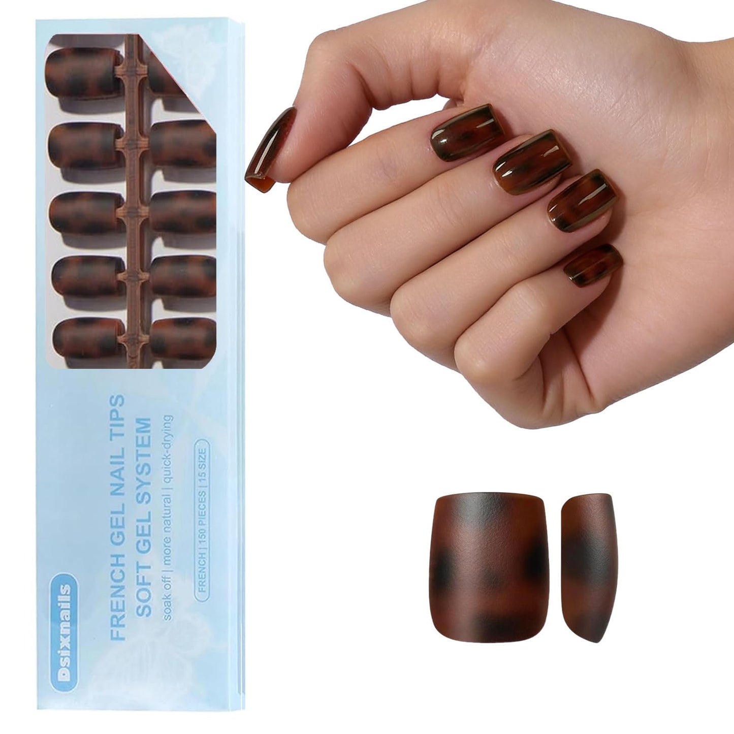 Dsixnails 150Pcs Tortoiseshell Short Square Press on Nails, Soft Gel Nail Tips 15Sizes, Long Lasting Reusable Fake Nails, Salon Quality Soak Off False Nail Tips for Women Girl Festival Gift