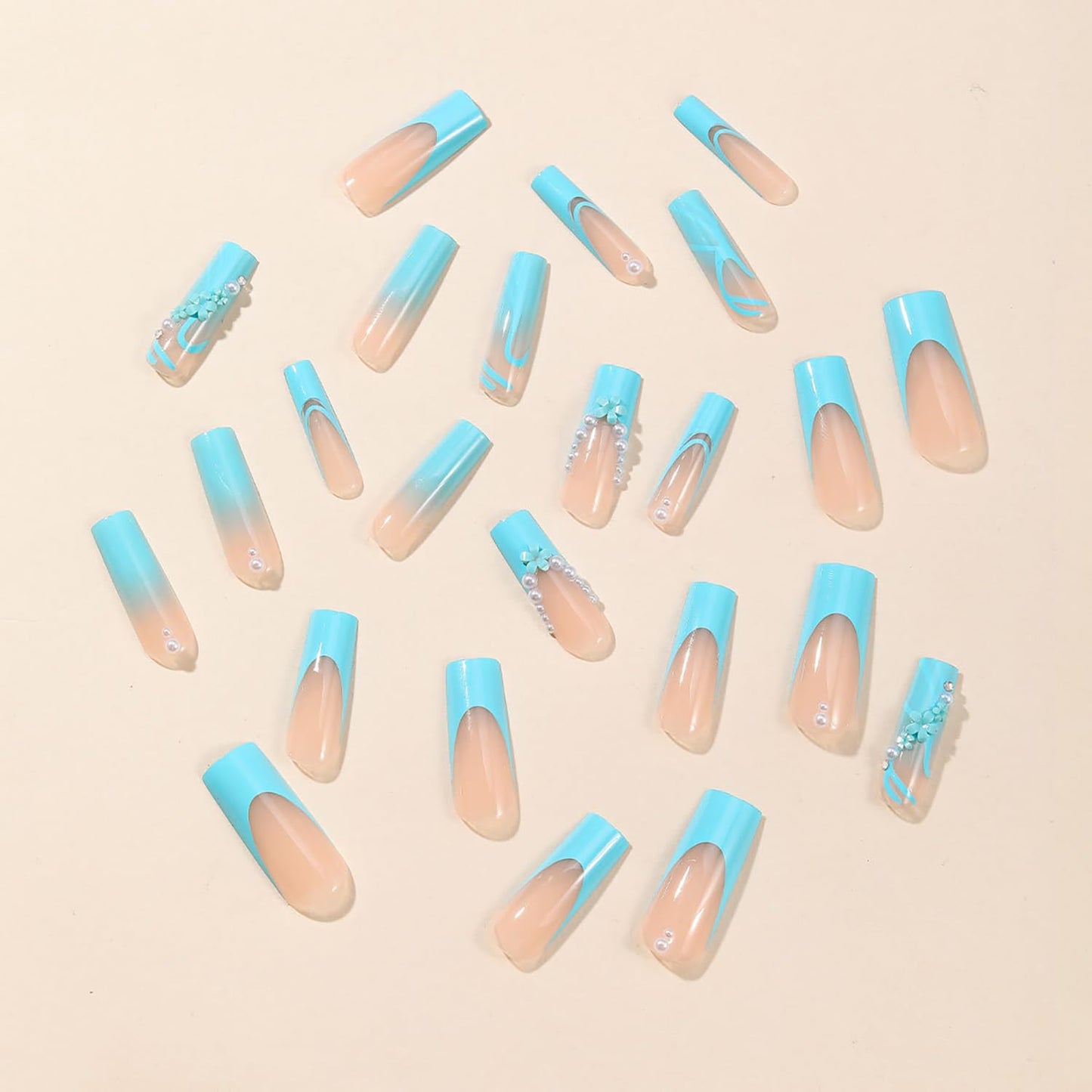 FIEONCIY Press on Nails Coffin Long Blue Glossy Full Cover Acrylic Square French False Nails with Floral Pearl Designs Artificial Ballerina Fake Nails with Charm Glue Stick on Fingernails for Women