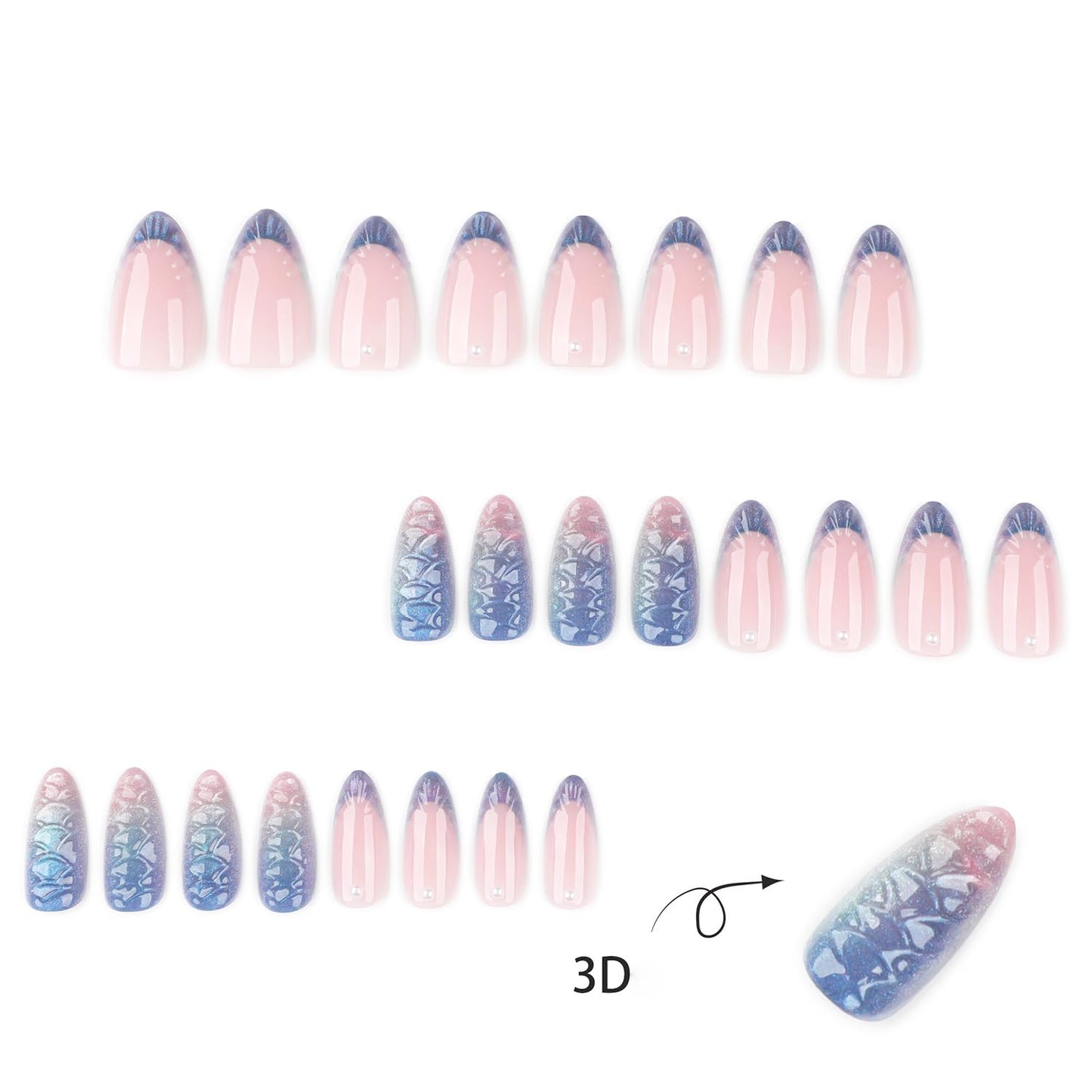 24pcs French Tip Press on Nails Short Almond Fake Nails with 3D Designs Pearl Glue on Nail Blue False Nail Glitter Full Cover Acrylic Nail Stick on Nails for Women Nail Decoration