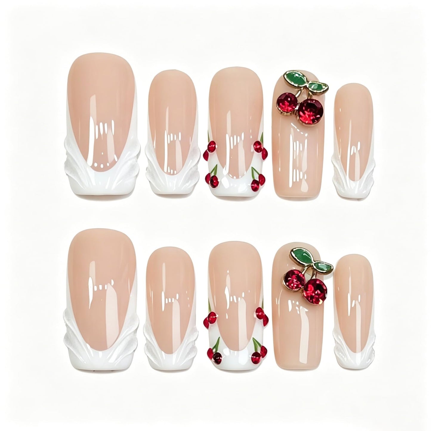 Exylixor Handmade Press on Nails Long Square - Sweet Cherry & White French Tip Fake Nails, Luxury 3D Fruit Jewelry False Nails, 10 Pcs for Women (Size M)