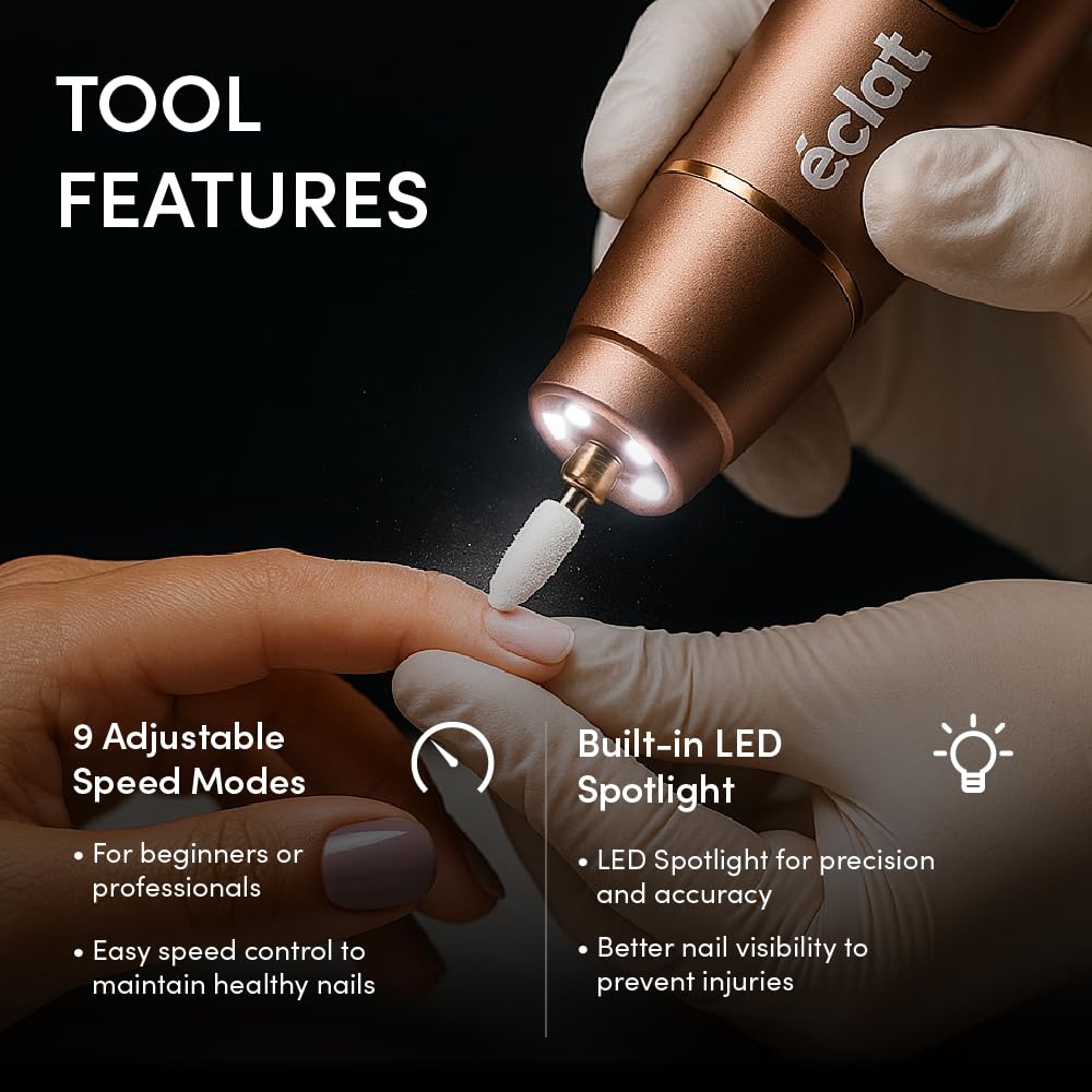 ÉCLAT Cordless Nail Drill, Professional Portable E-File for Gel & Acrylic Removal, Rechargeable Manicure Set with Charging Stand & LED Light, Quiet 13,000 RPM Electric File for Home, Travel, Black