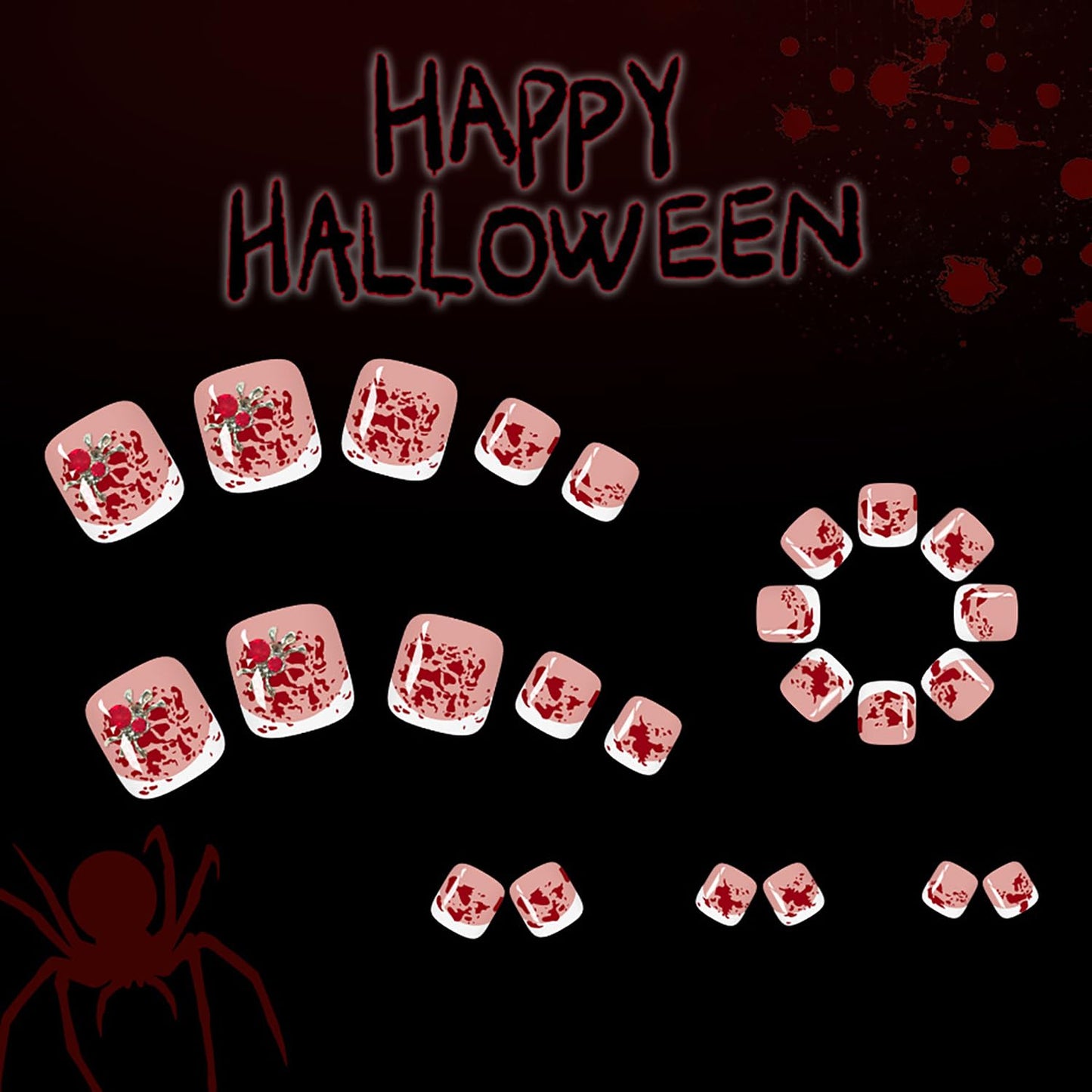 24Pcs French Tip Press on Toenails Short Square Fake Toe Nails with Bloody Designs 3D Spider False Toenail Glue on Nails Halloween Acrylic Nail Press on Spider Rhinestones Stick on Nails for Women