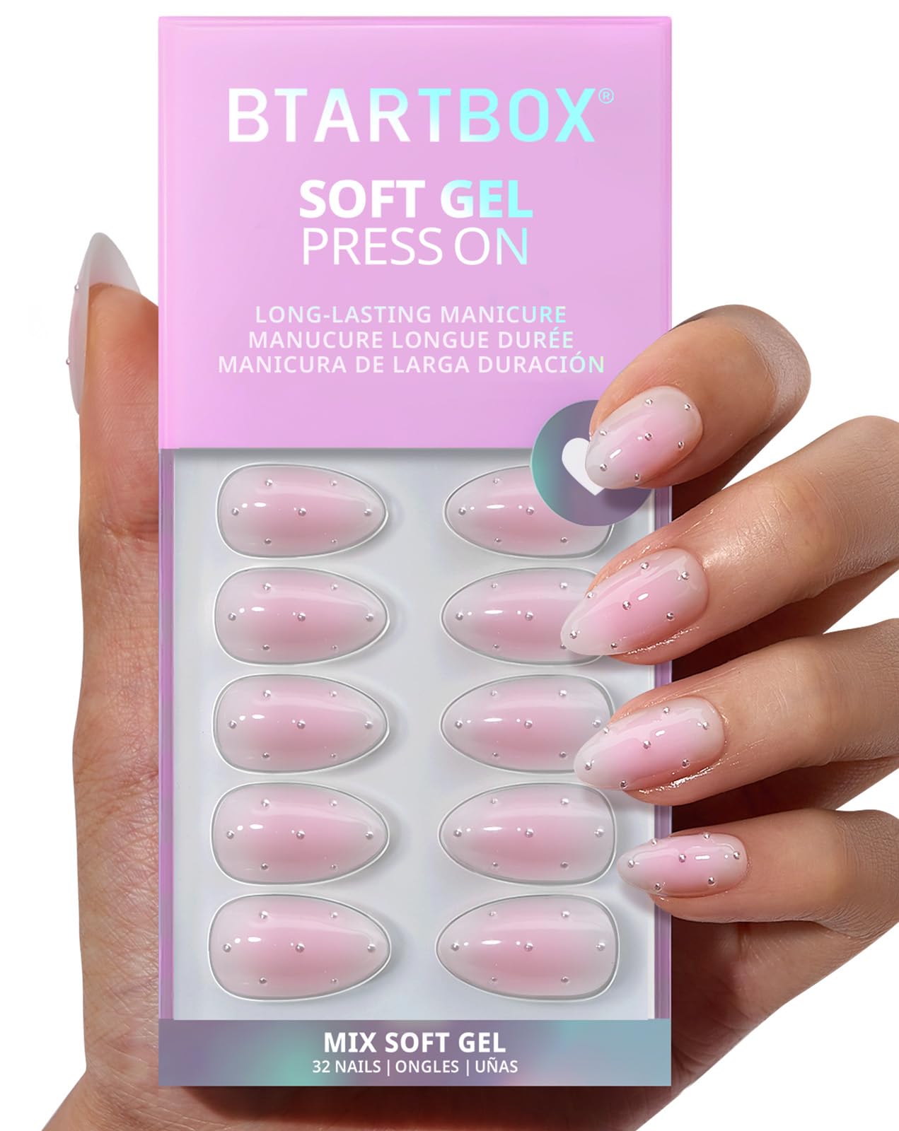 BTArtbox Press On Nails Short - Shy Metal, 3D Pearl Accents Pink Almond Press On Nails with Glue and Adhesive Tabs for Women in 16 Sizes - 32 Nails All-in-One Kit