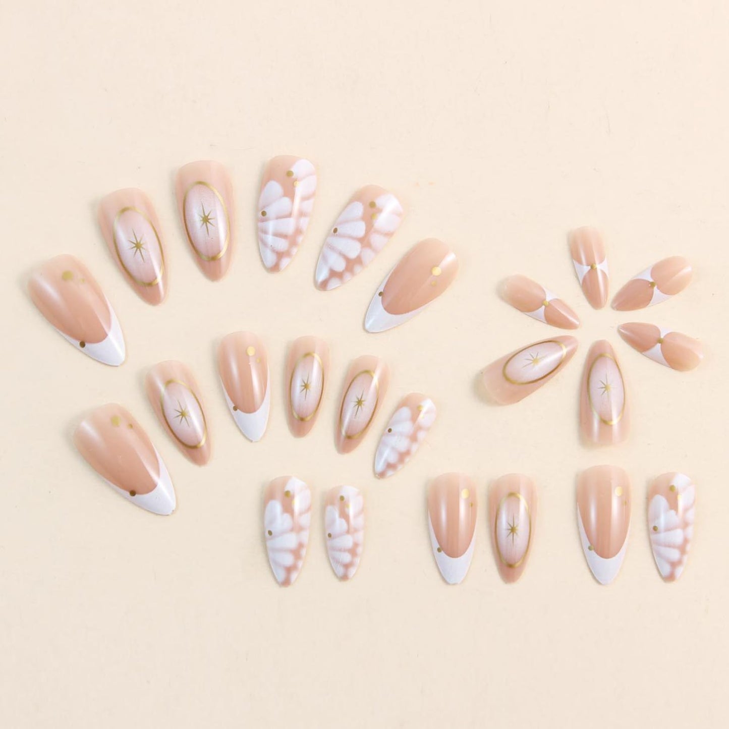 French Almond Press On Nails Medium Length, Nude Fake Nails with Starburst & Gold Line Design, Glossy Gel Finish Acrylic Nails, Reusable Glue On Nails for Women, 24Pcs