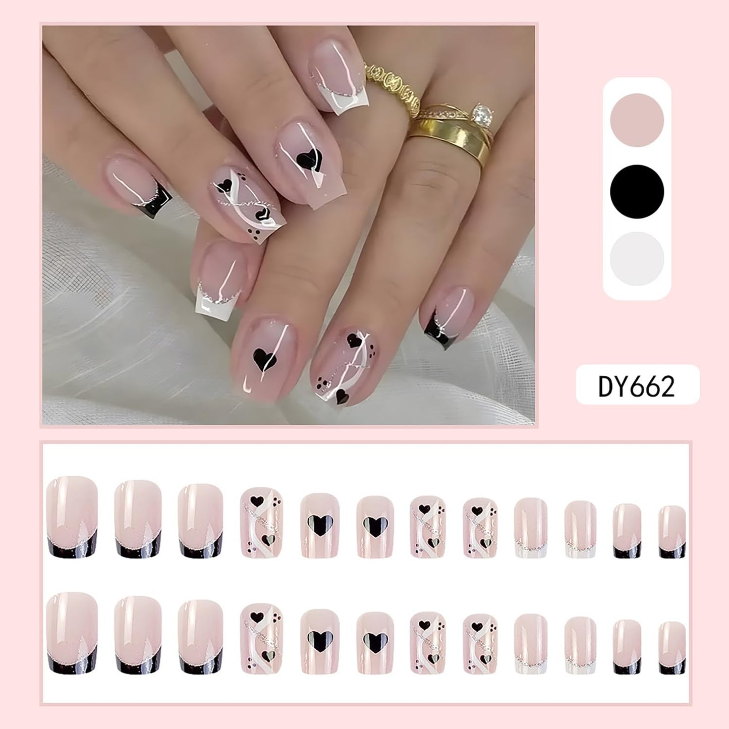 Vezocim 24Pcs Press on Nails Medium Heart Glossy Full Cover Artificial French Tips Fake Nails with Black Heart Designs Acrylic Square False Nails with Glue Coffin Stick on Fingernails for Women