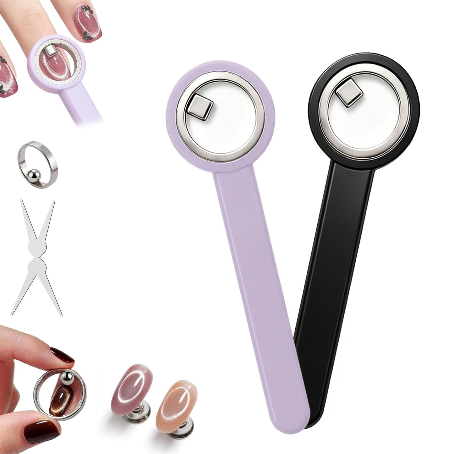 Ring-Shaped Cat Eye Magnet for Nails, Hollow Magnetic Design Circle Cat Eye Magnet for 3D Halo French Tip Nail Art, Home Salon DIY Manicure Tool (2Pcs-Purple+Black)