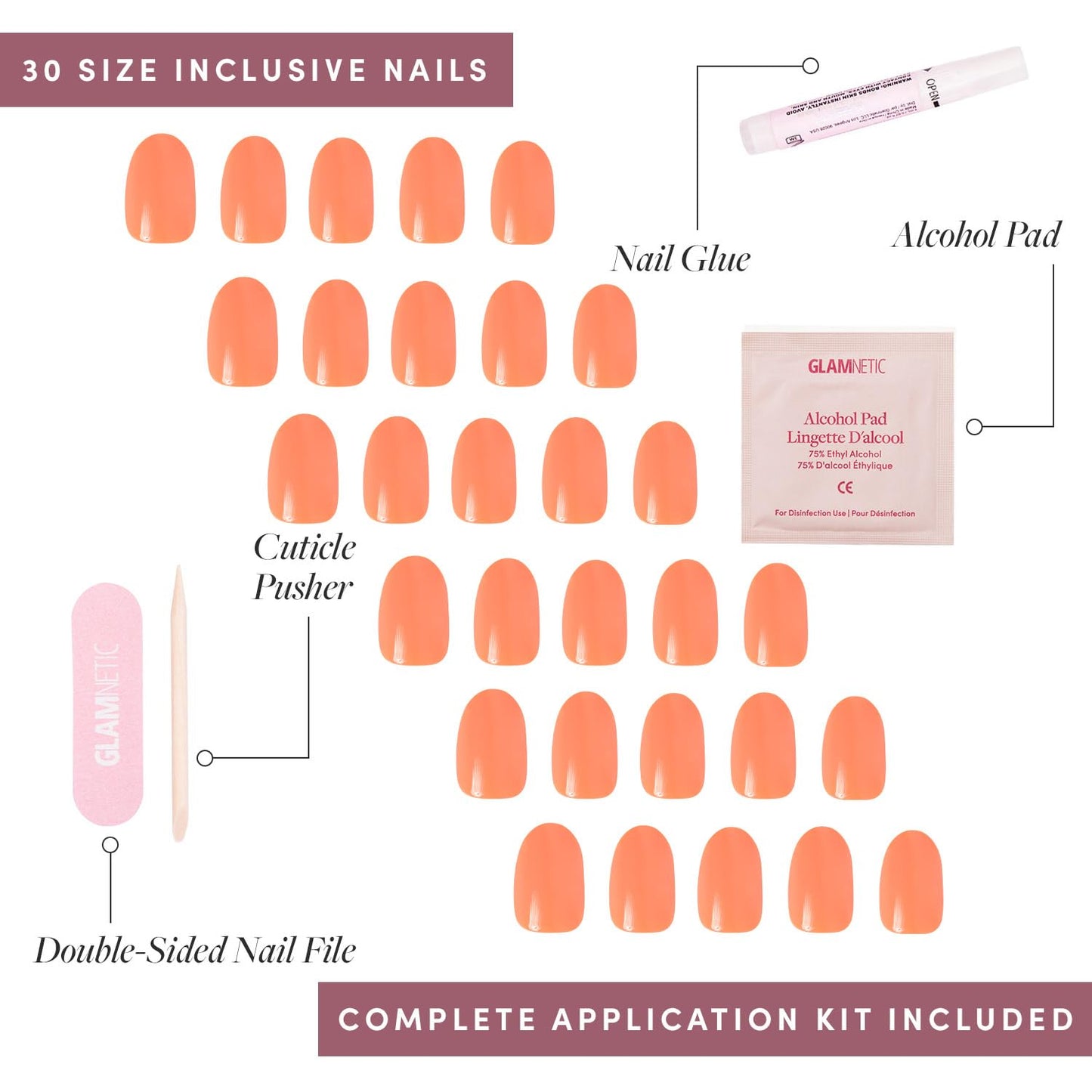 Glamnetic Press On Nails - Apricot | Solid Opaque Orange Round Fake Nails, Salon Quality | 12 Sizes - 30 Nail Kit