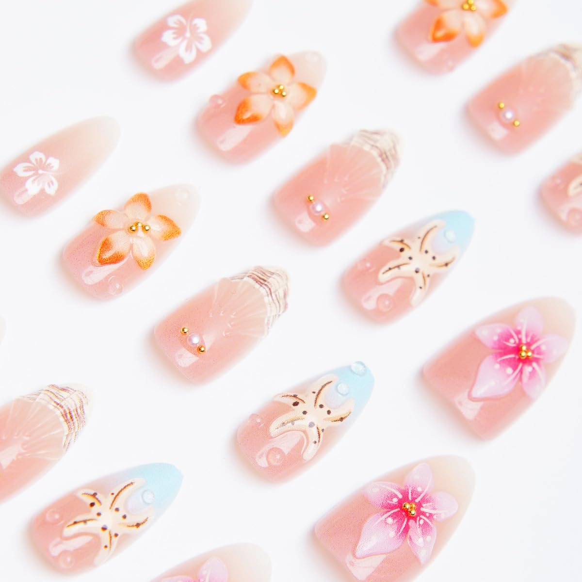 30Pcs Pink Flower Press on Nails Medium Almond Fake Nails 3D Floral with Gold Beads Design Polka Dot French Tip False Nails Cute Kawaii Stick on Nail Reusable Spring Summer Press Ons for Women Acrylic