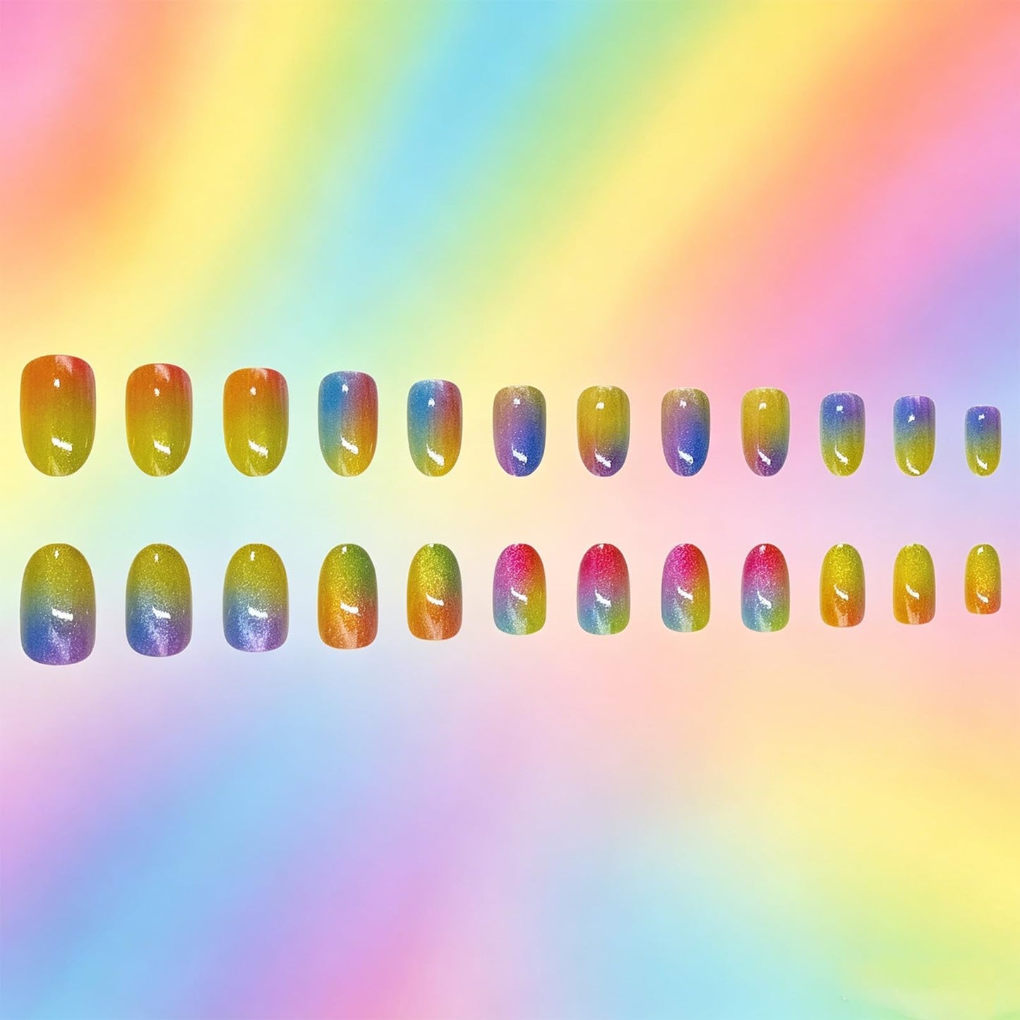 Rainbow Press on Nails With Pride Design, Medium Oval False Nails, Glossy Shimmer Glitter Fake Nail Sparkly Ombre Glue on Nail, Shine Gradient Stick on Reusable Acrylic Fingernail for Women Daily Wear