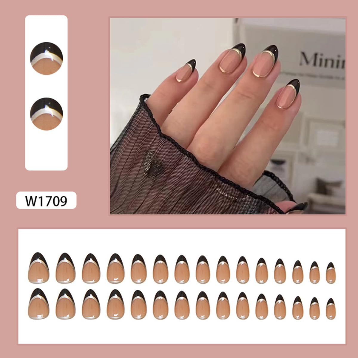 Black French Tip Press on Nails Short Almond Fake Nails French Nails Press ons with Gold Lines Design Reusable Artificial Nail Full Cover Glue on Nail Stick on Nails for Women Manicure 24 Pcs