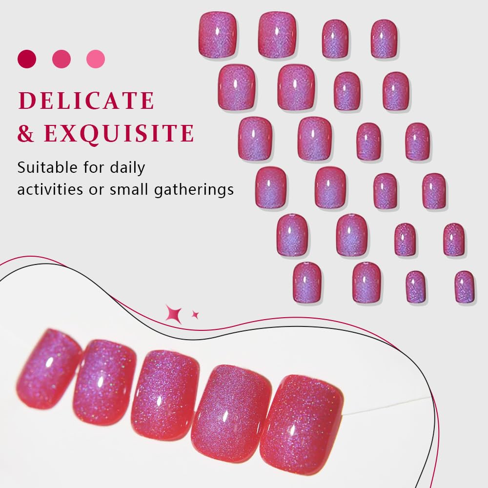 Blue Red Cat Eye Extra Short Press on Nails Square, Petite Short Square Stick on Nails for Women Gift, Purple Red Metallic Glitter Glossy Reusable Soft Gel Press on Acrylic Fake Nail with Designs