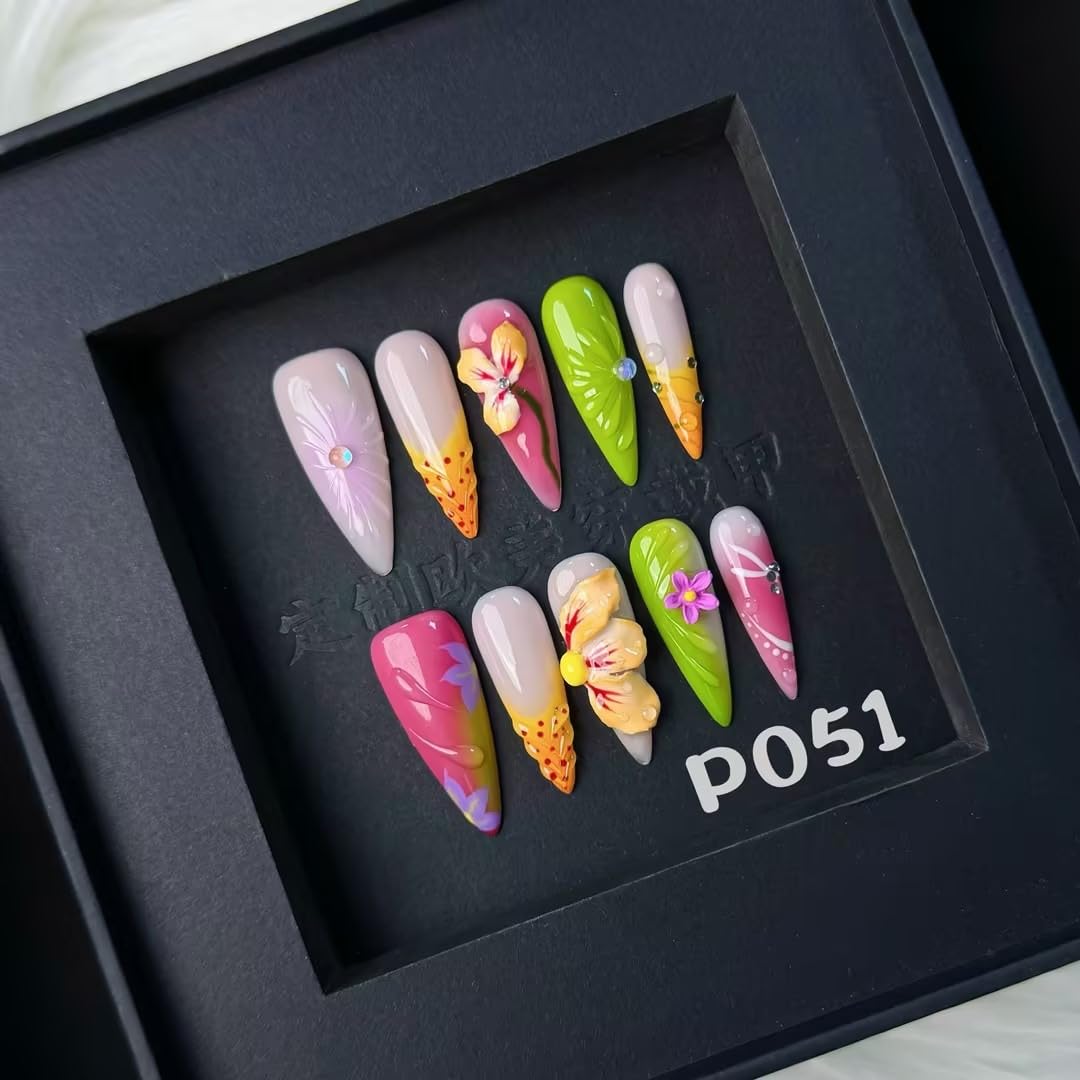 Press on Nails Handmade Stiletto Almond Shaped Medium False Nails Luxury 3D Flower and Droplet Design Full Cover French Tip Muti-Layer Gel Fake Nail Colorful Stick on Nails for Women DIY Nail Art（M)