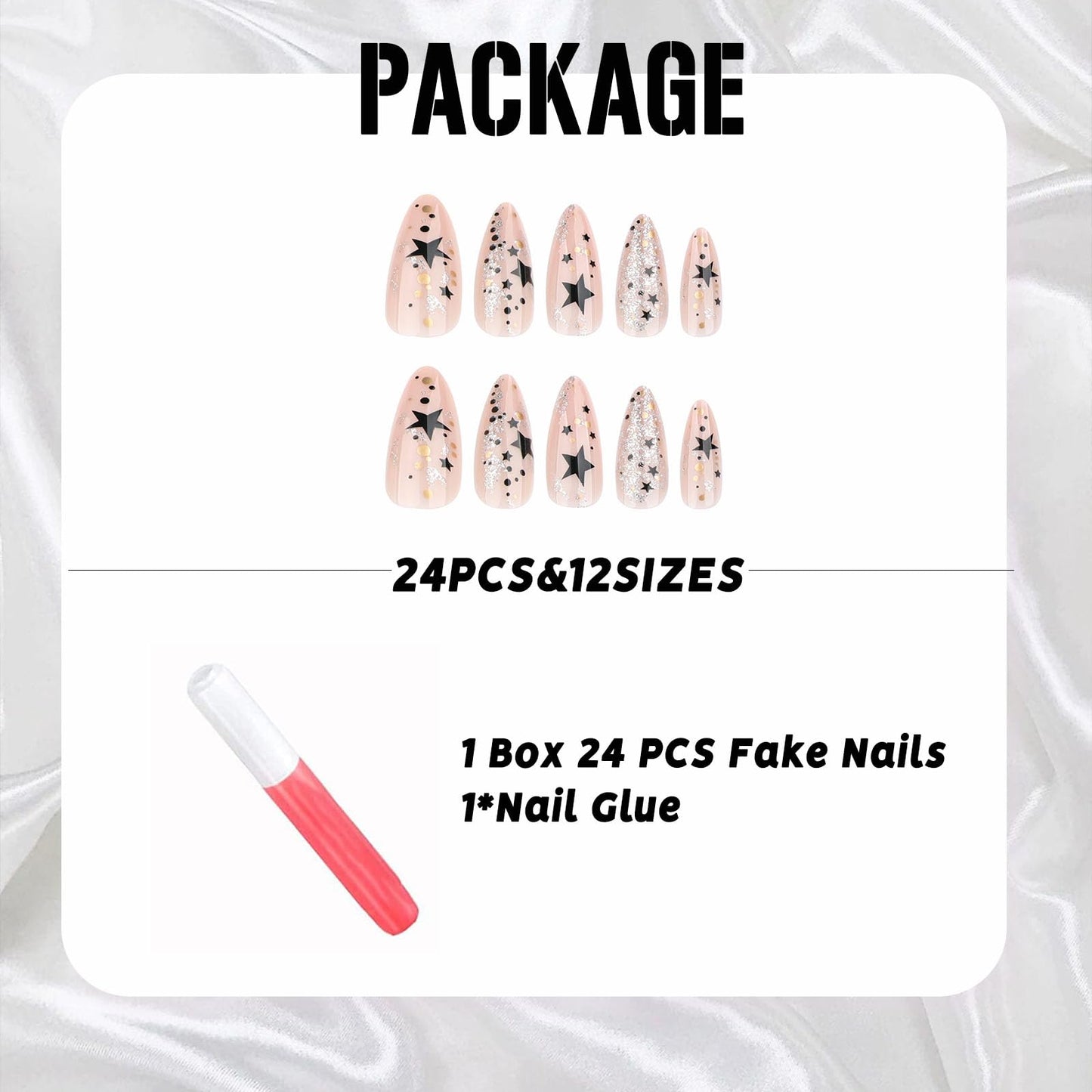IMSOHOT Medium Press on Nails Almond Nude Fake Nails with Black Star & Silver Glitter Designs Full Cover Glossy Y2K Nail Supplies Acrylic DIY Nail Art Stick on False Nails for Women