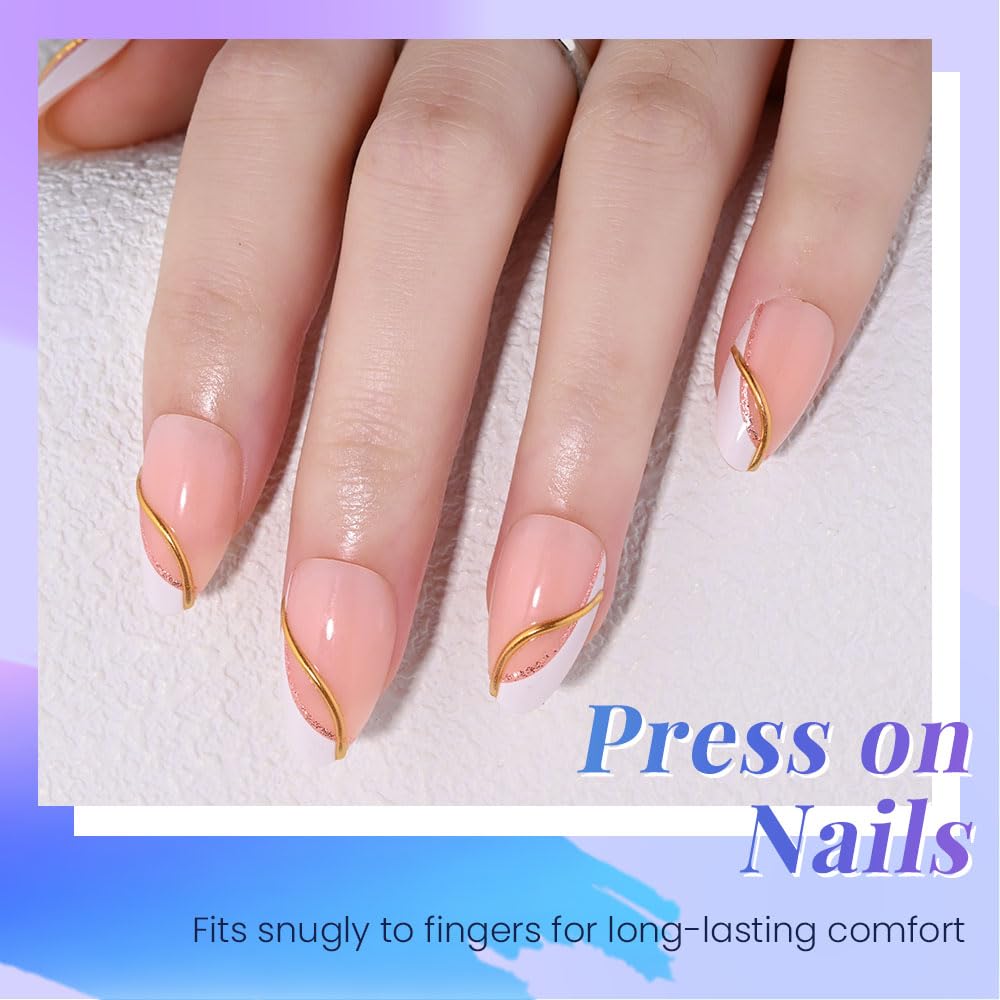 evpct French Tip Press On Nails Short Almond, Nude + Gold Pink Line & White Tips, Short Almond Fake False Press on Nails, Reusable Gel Stick on nail Press ons Nail Kit, Salon Quality