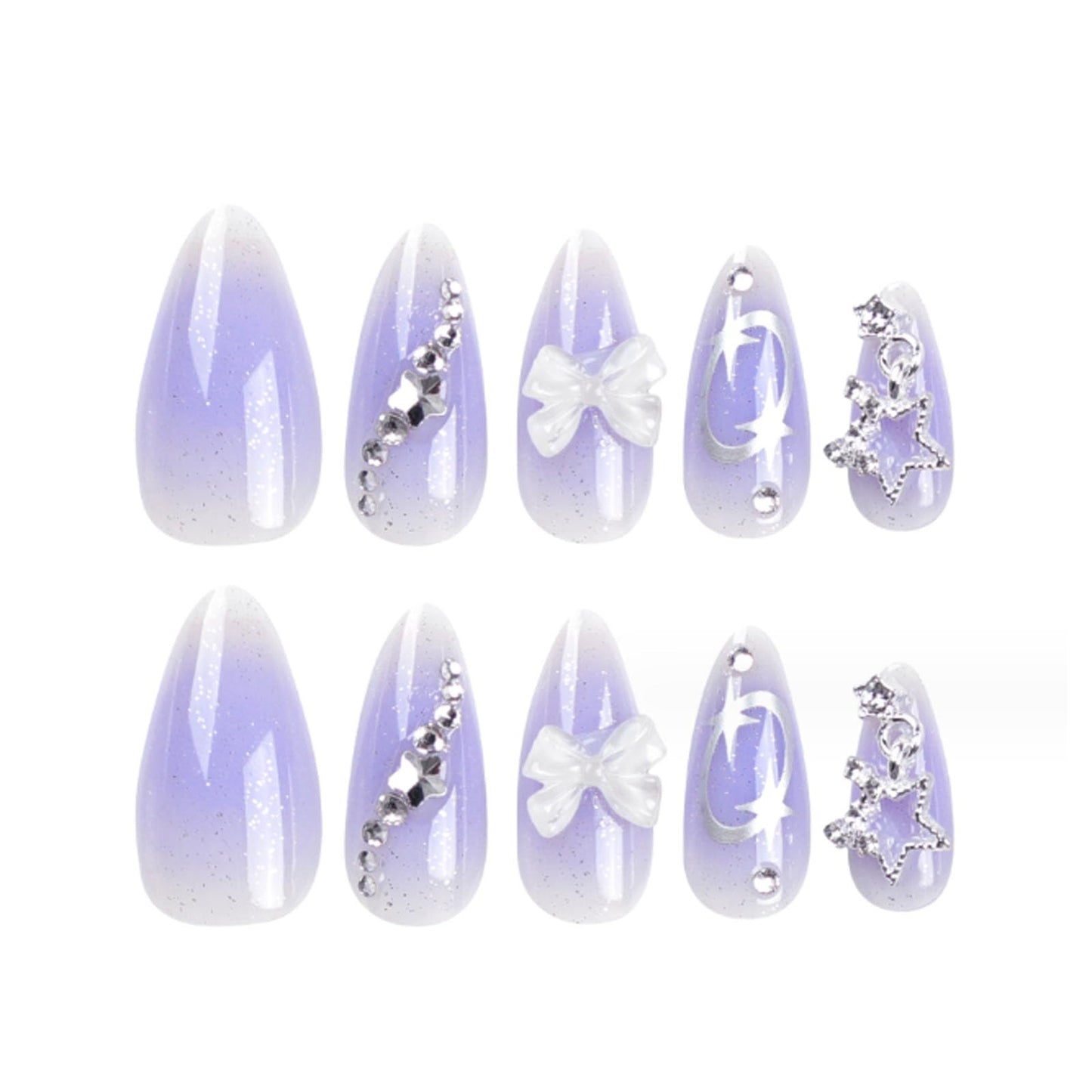 Hkanlre Long Almond Press on Nails Bow Fake Nails Tips Full Cover False Gradient Nails for Women and Girls 24PCS