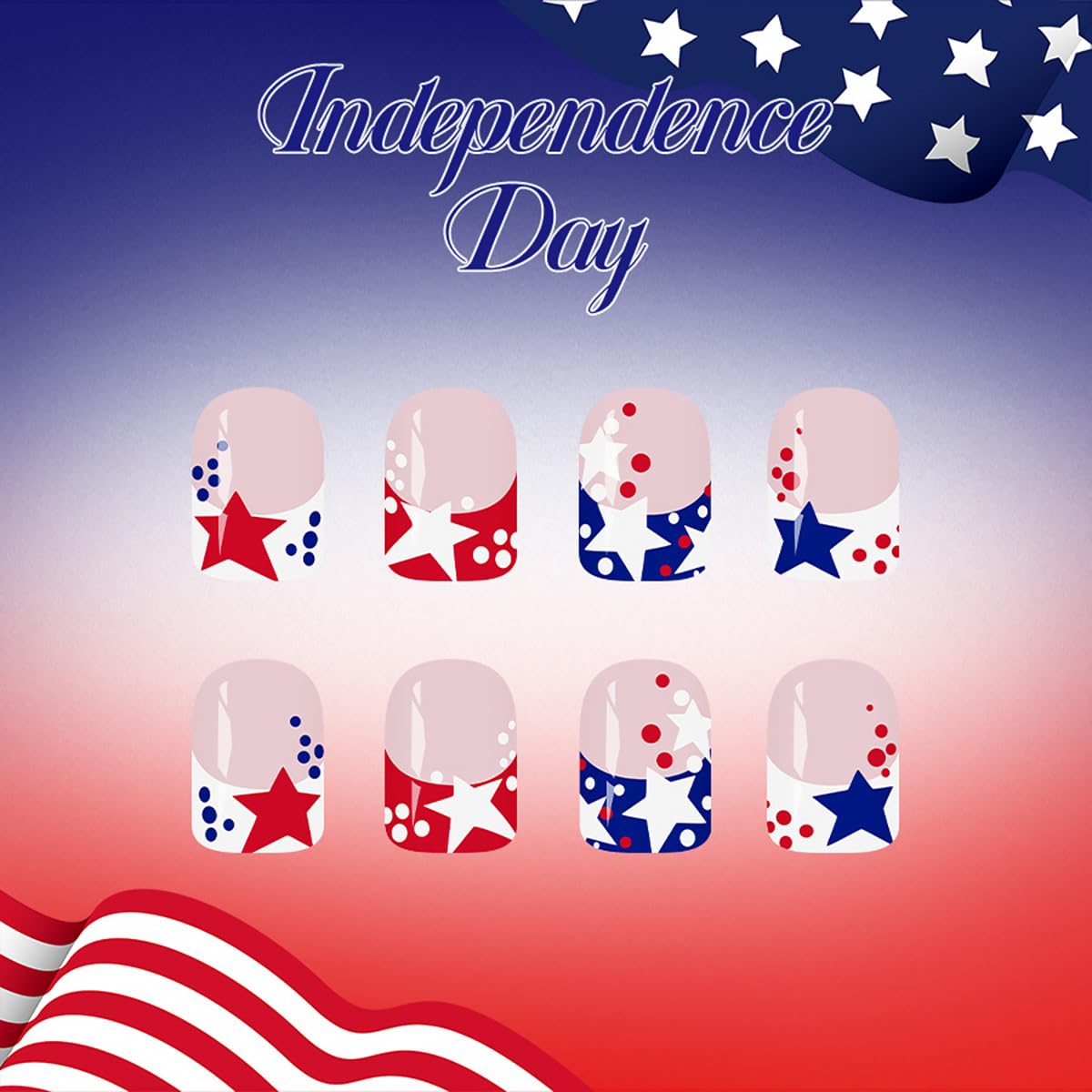 24Pcs Independence Day Press on Nails Short Square French Tip Fake Nails with Red Blue White Star Design 4th of July False Nails Patriotic Glue on Nail Full Cover Artificial Stick on Nails for Women