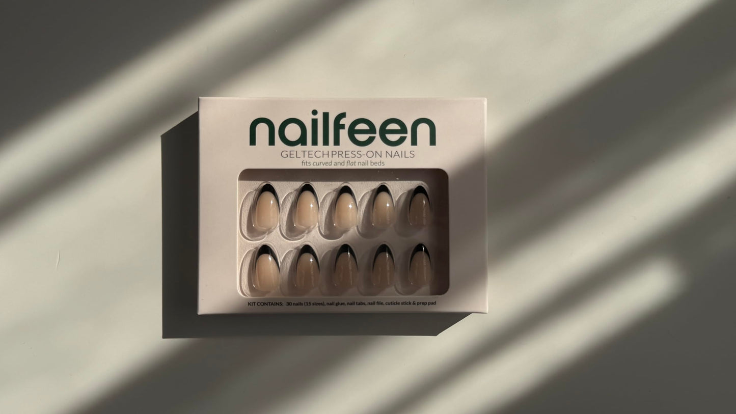 Nailfeen GelTech™ Press-On Nails - "French is That Girl" | Black French Tip | Short Almond, Soft Gel Nails | 30 Nails in 15 Sizes