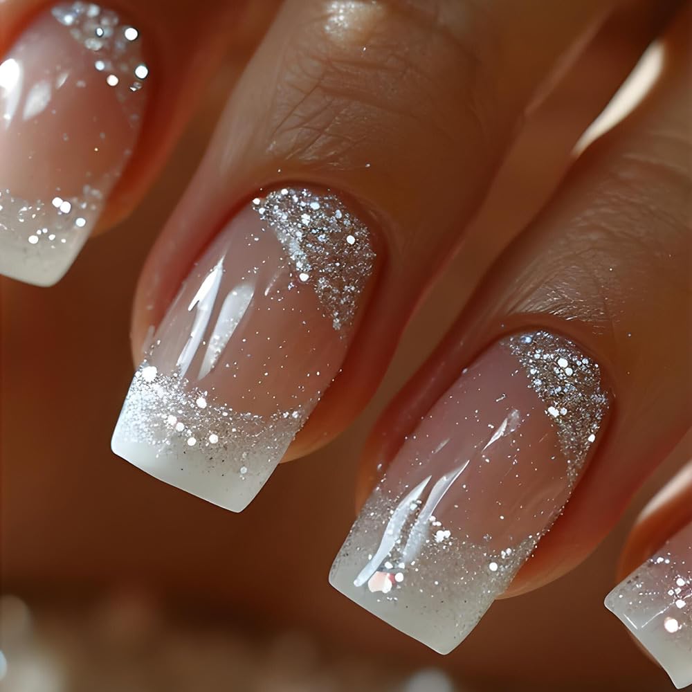 Square Press on Nails Medium French Tips Fake Nails Silver Glitter Acrylic Nails Press ons White Ombre Glue on Nail Shiny Stick on Nail Nude False Nails for Women Girls Nails Decoration 24Pcs