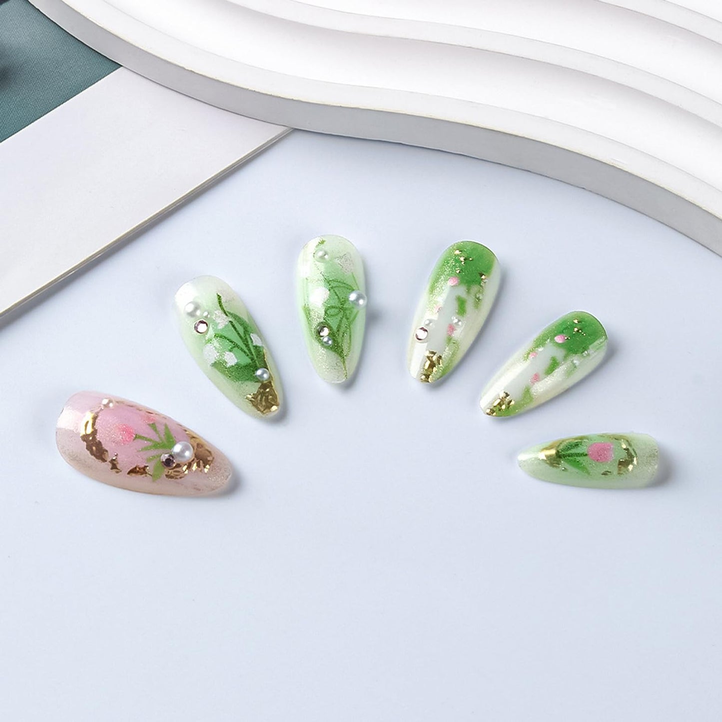 24Pcs Green Press on Nails Medium Almond Fake Nails with 3D Rhinestones Charms Handmade Nail Press ons Gradient Flower Plant Stick on Nails Almond Shape Acrylic Nails Artificial Nails for Daily Wear
