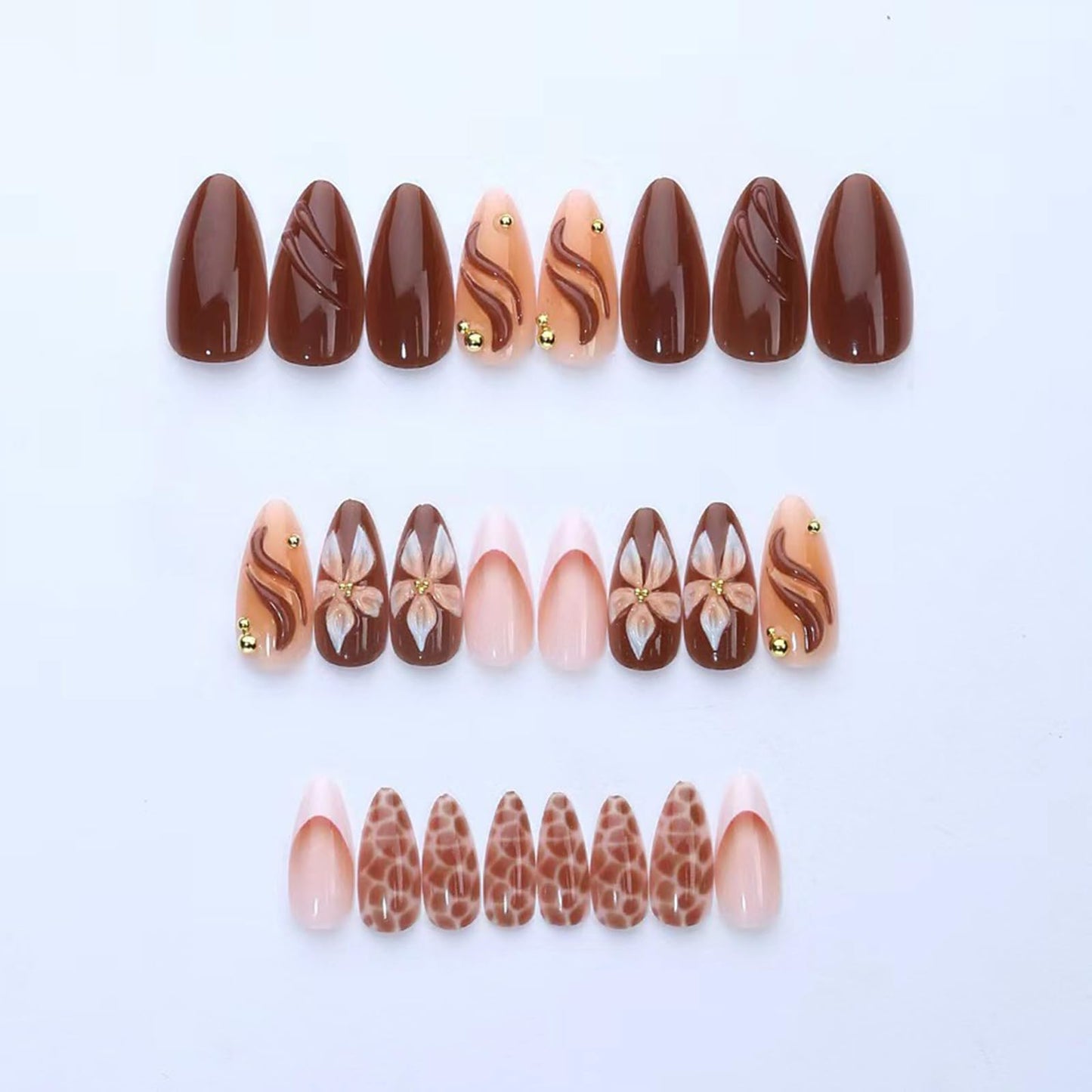 SINHOT Press on Nails - Medium Almond Fake Nails, Glossy Finish, 3D Flower & Brown Swirl, DIY Artificial False Nail Art - 24 Pcs Nail Kit with Glue