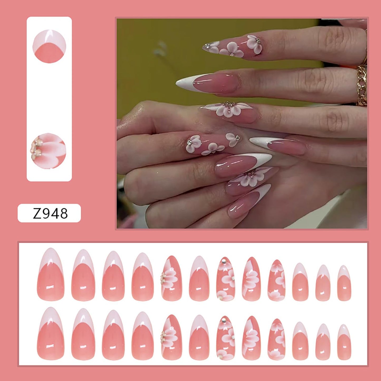White French Tip Press on Nails - Medium Almond Flower with Rhinestones Design Full Cover Coffin Acrylic Artificial Floral Stick on DIY Glue on Nails for Women - 24 Pcs