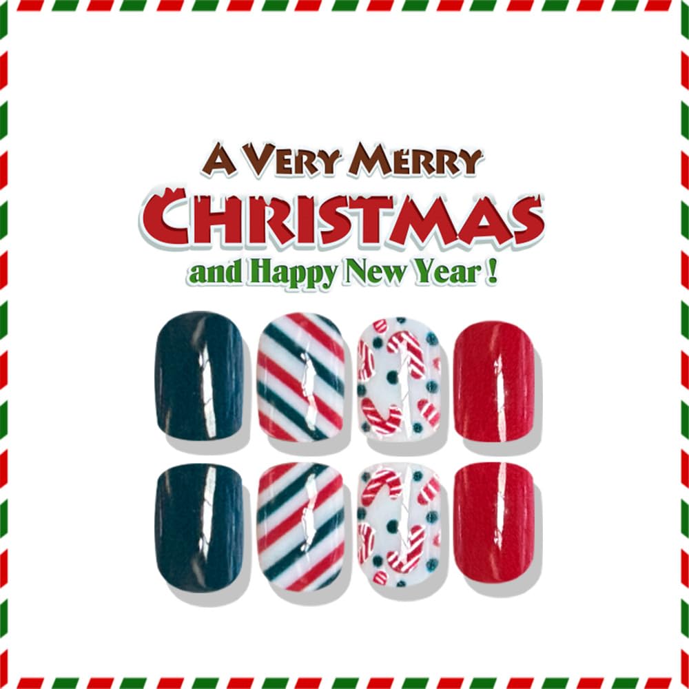 Christmas Short Press on Nails Crutch Square Fake Nails with Red Green Stripe Designs Xmas Winter Full Cover Stick on Nails Artificial Reusable Christmas Nails Glue on for Women Holiday Manicure Kit
