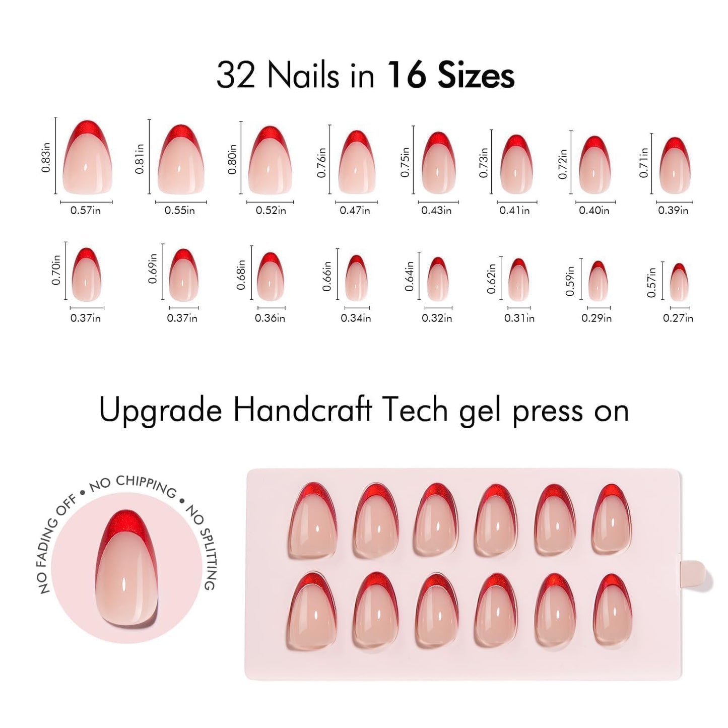 VSALON Almond Short Press On Nails, Red French Tip Chrome Light Curbale Glossy Fake Nails, Reusable Opaque Stick On Nails, Soft Gel Glue On False Nails Kit in 16 Sizes 32 Pcs with Glue