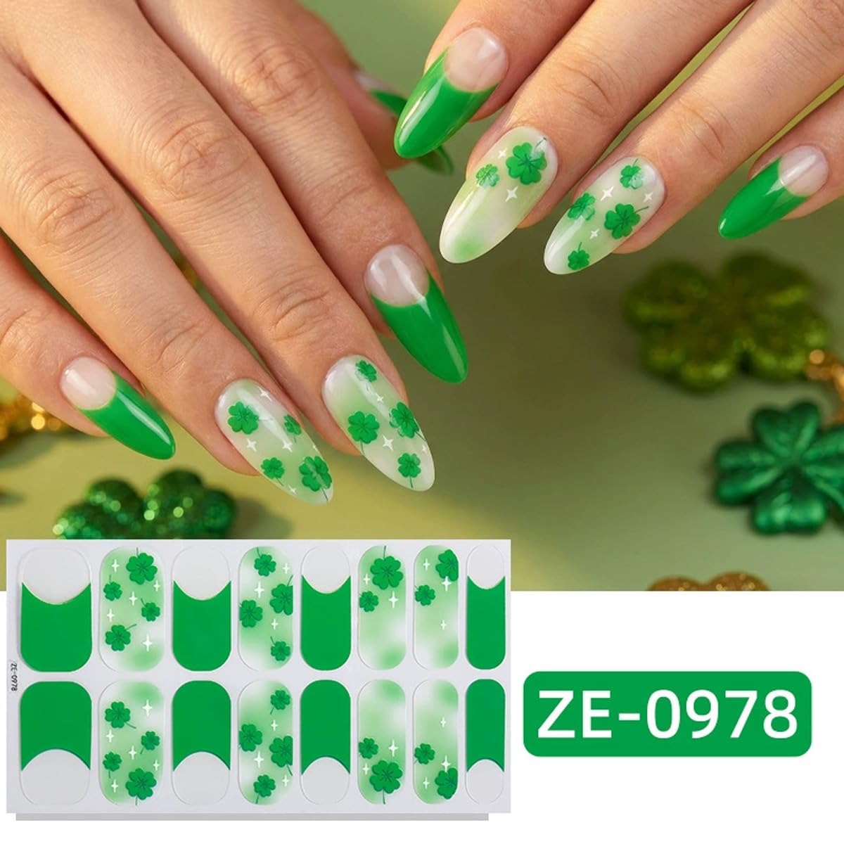 4 Sheets St Patrick’s Day Gel Nail Stickers for Nail Art Shamrock Gel Nail Polish Strips Green Clover with Glitter Design Green Irish Stickers Full Wrap Gel Nail Strips Sticker for Manicure Salon