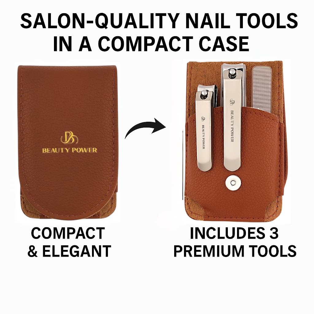 Beauty Power Nail Clippers Set 3 in 1 - Stainless Steel Toe Nail Clippers, Fingernail Clipper, Glass Nail File, Anti Splash, Ergonomic Grip in Brown PU Leather Travel Case for Men & Women - Gift Idea