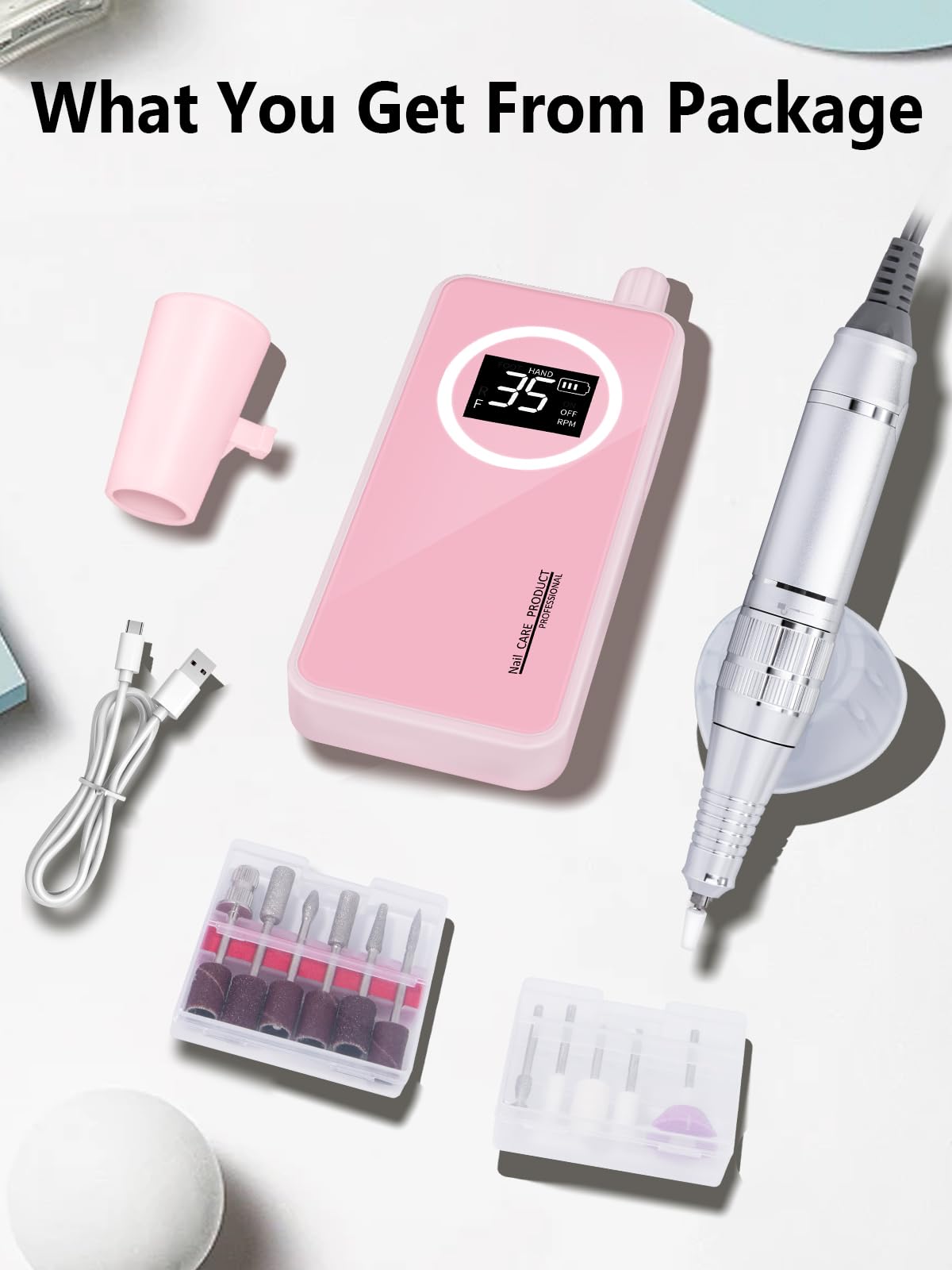 Nail Drill, Portable Electric Nail File 50000RPM, Rechargeable Nail Drill Professional with Bits for Acrylic Gel Nails, E-File Machine Manicure Polishing for Salon Home,Pink